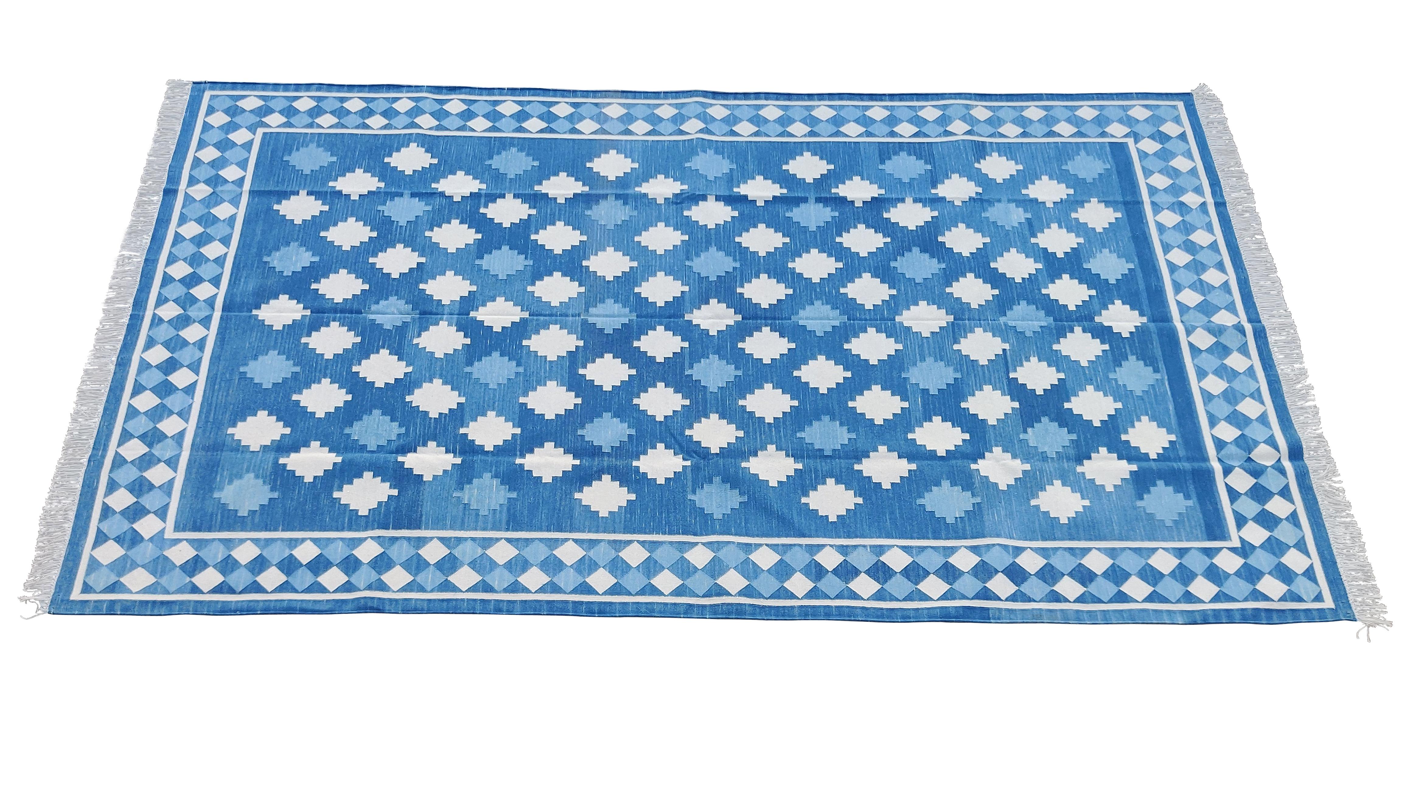 Handmade Cotton Area Flat Weave Rug, Blue & Cream Indian Star Indian Dhurrie Rug For Sale 5