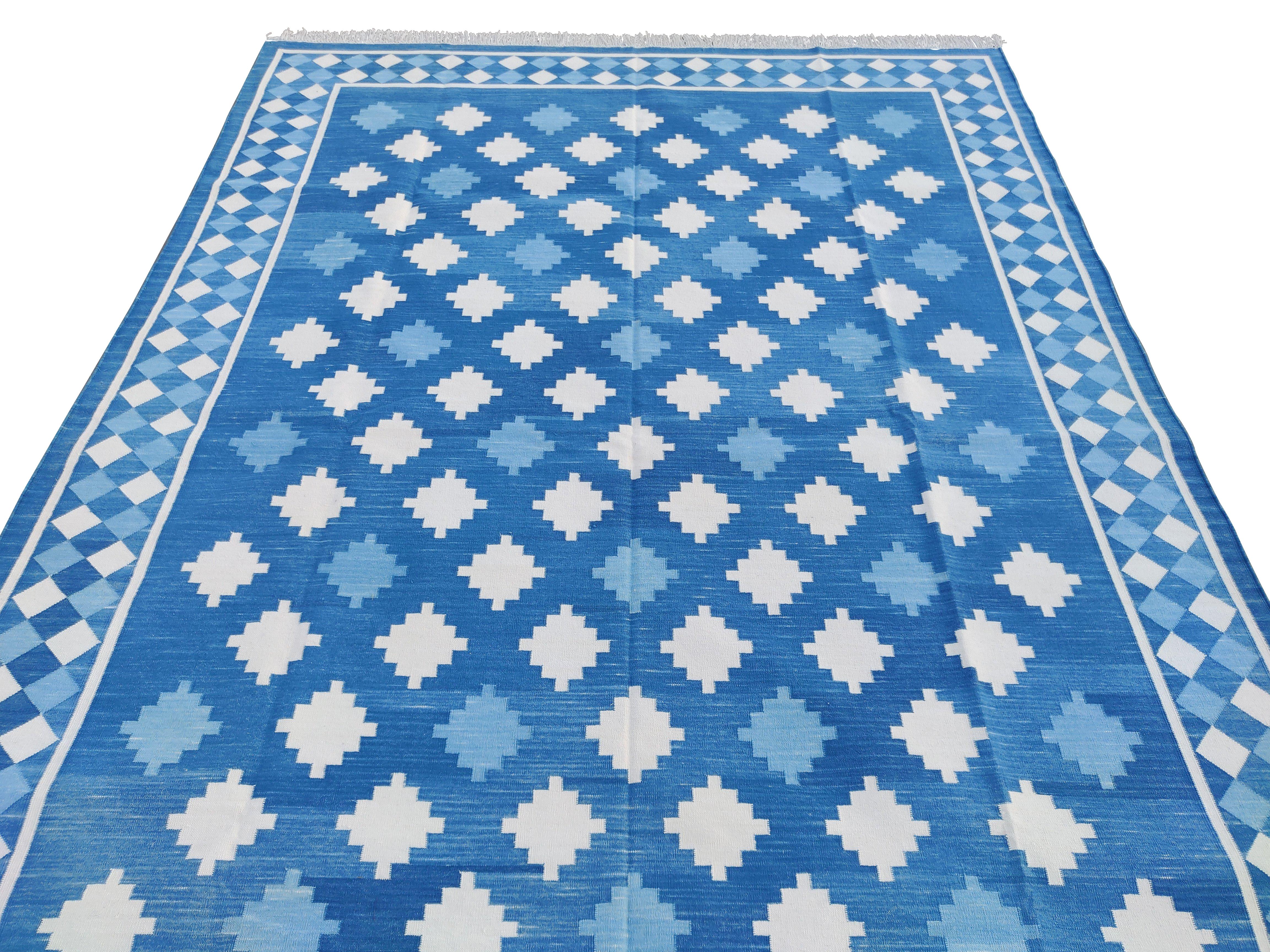 Contemporary Handmade Cotton Area Flat Weave Rug, Blue & Cream Indian Star Indian Dhurrie Rug For Sale