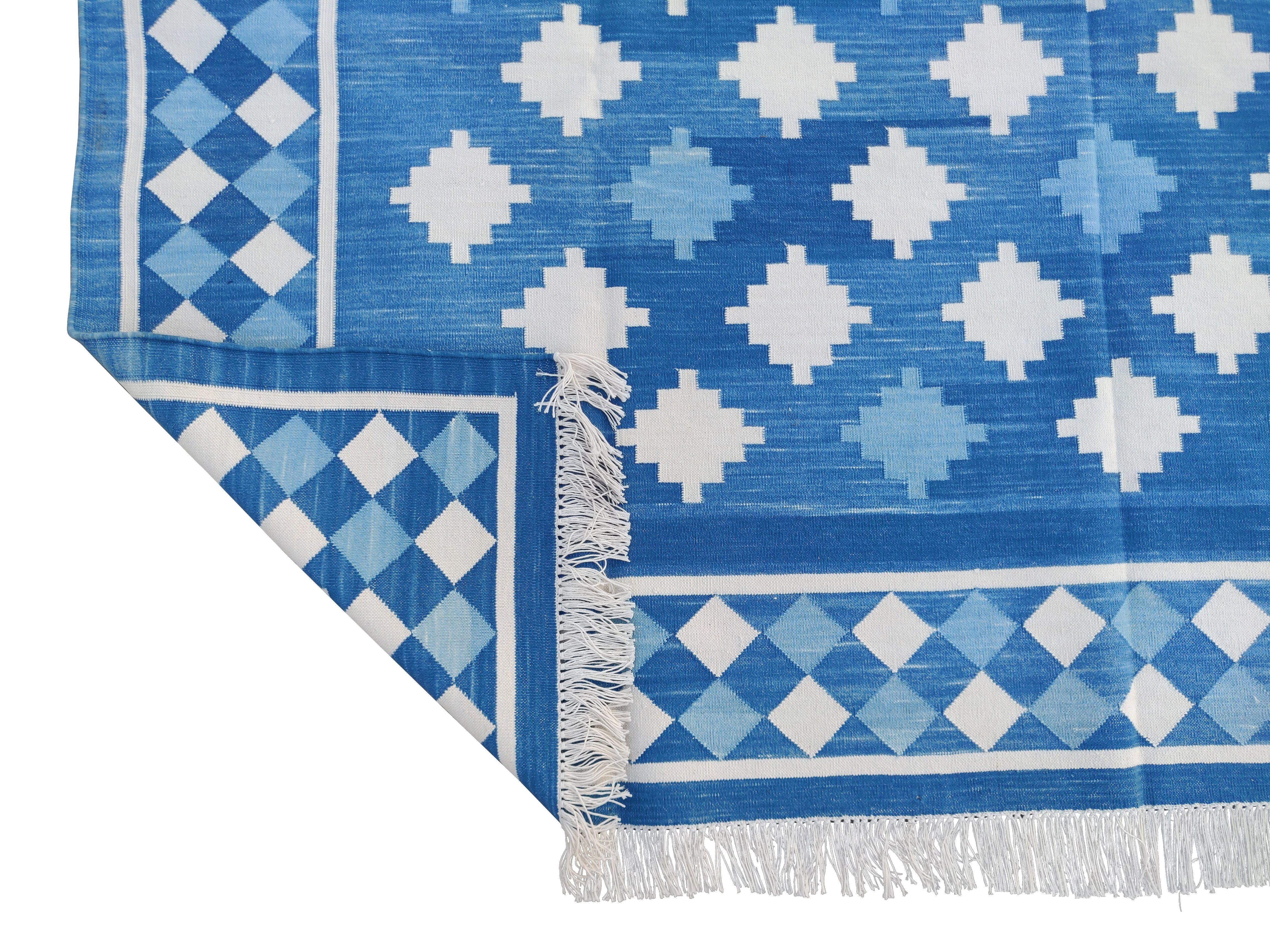Handmade Cotton Area Flat Weave Rug, Blue & Cream Indian Star Indian Dhurrie Rug For Sale 2
