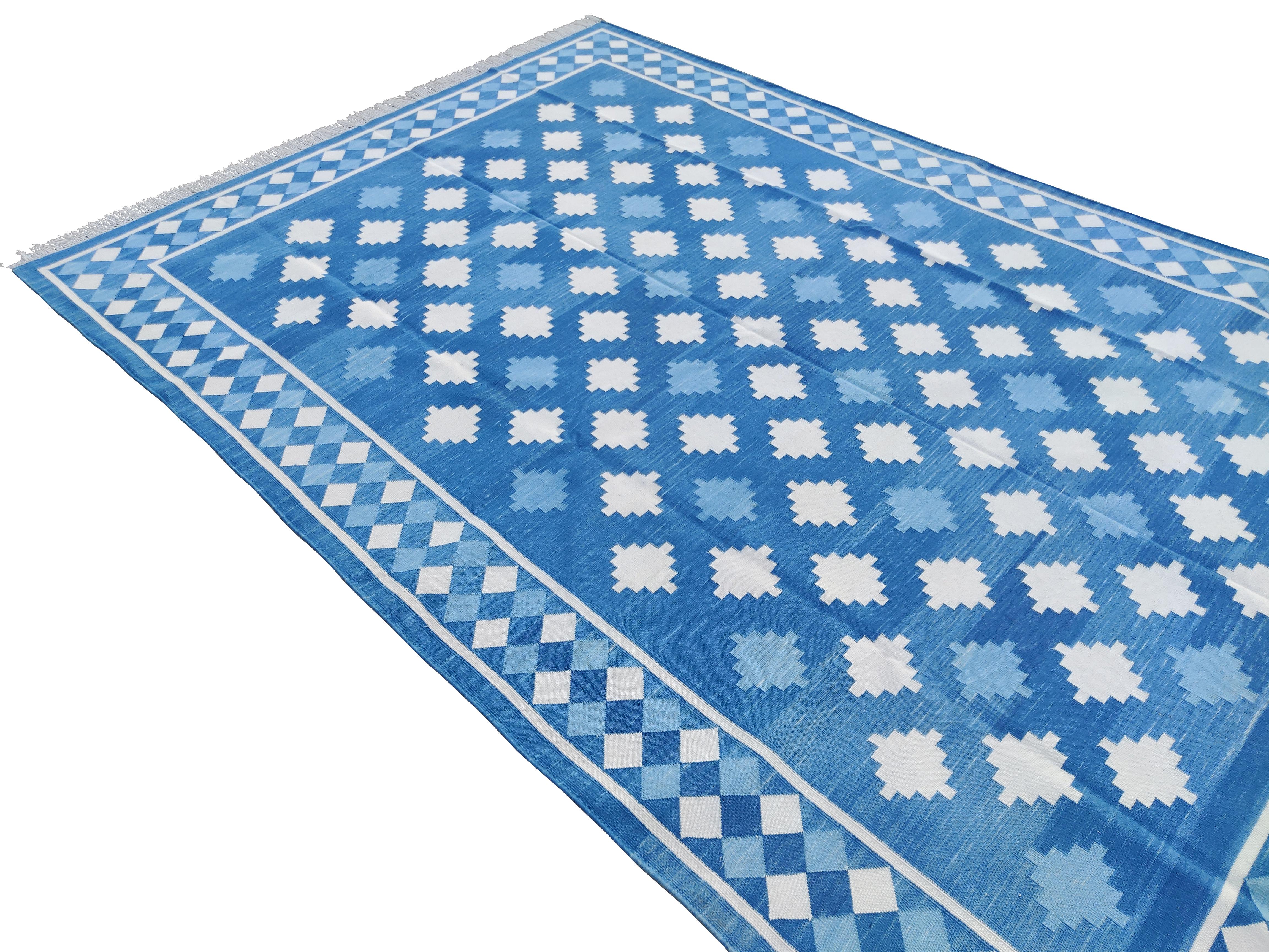 Handmade Cotton Area Flat Weave Rug, Blue & Cream Indian Star Indian Dhurrie Rug For Sale 3