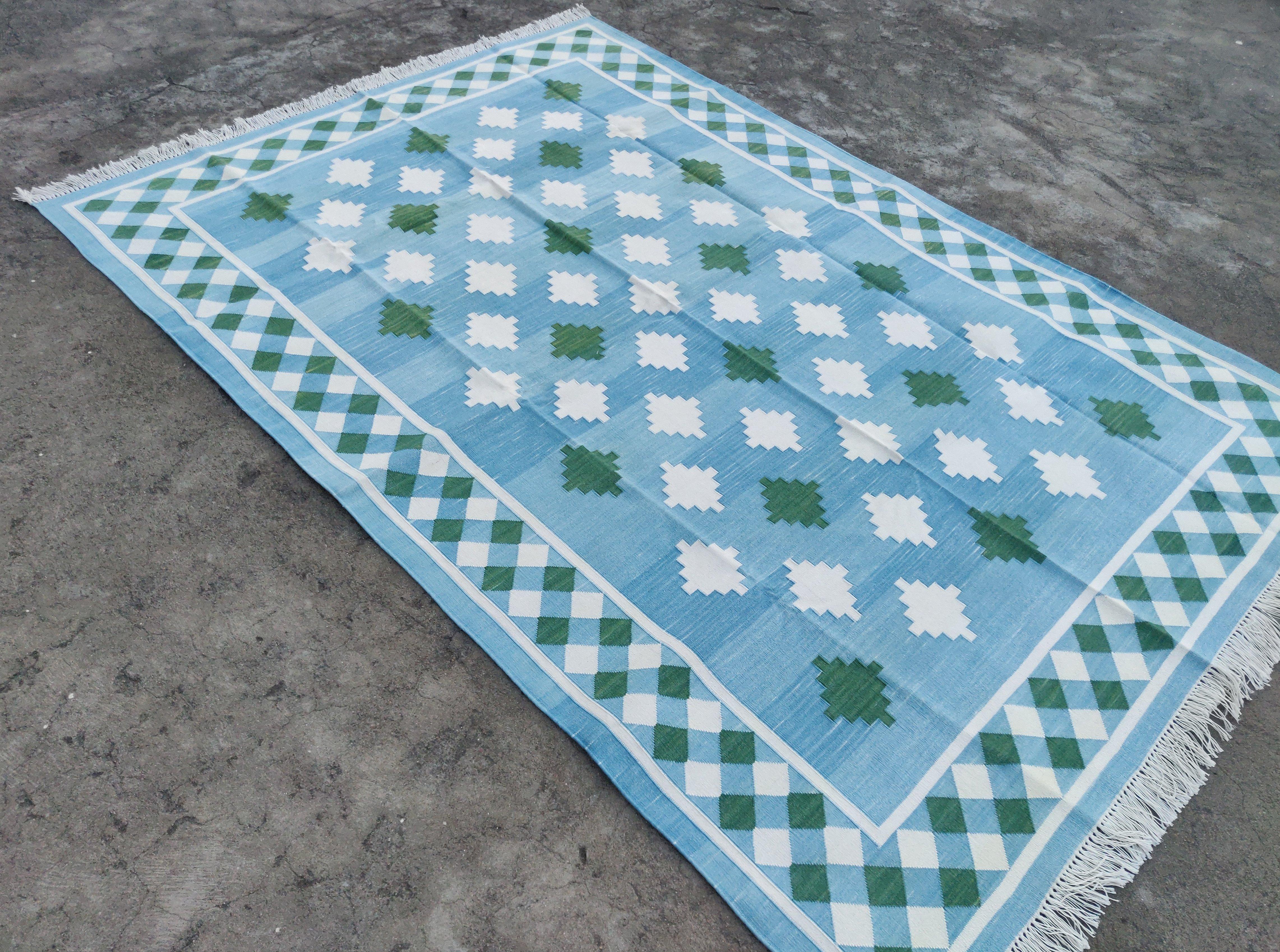 Handmade Cotton Area Flat Weave Rug, Blue & Green Geometric Star Indian Dhurrie For Sale 4