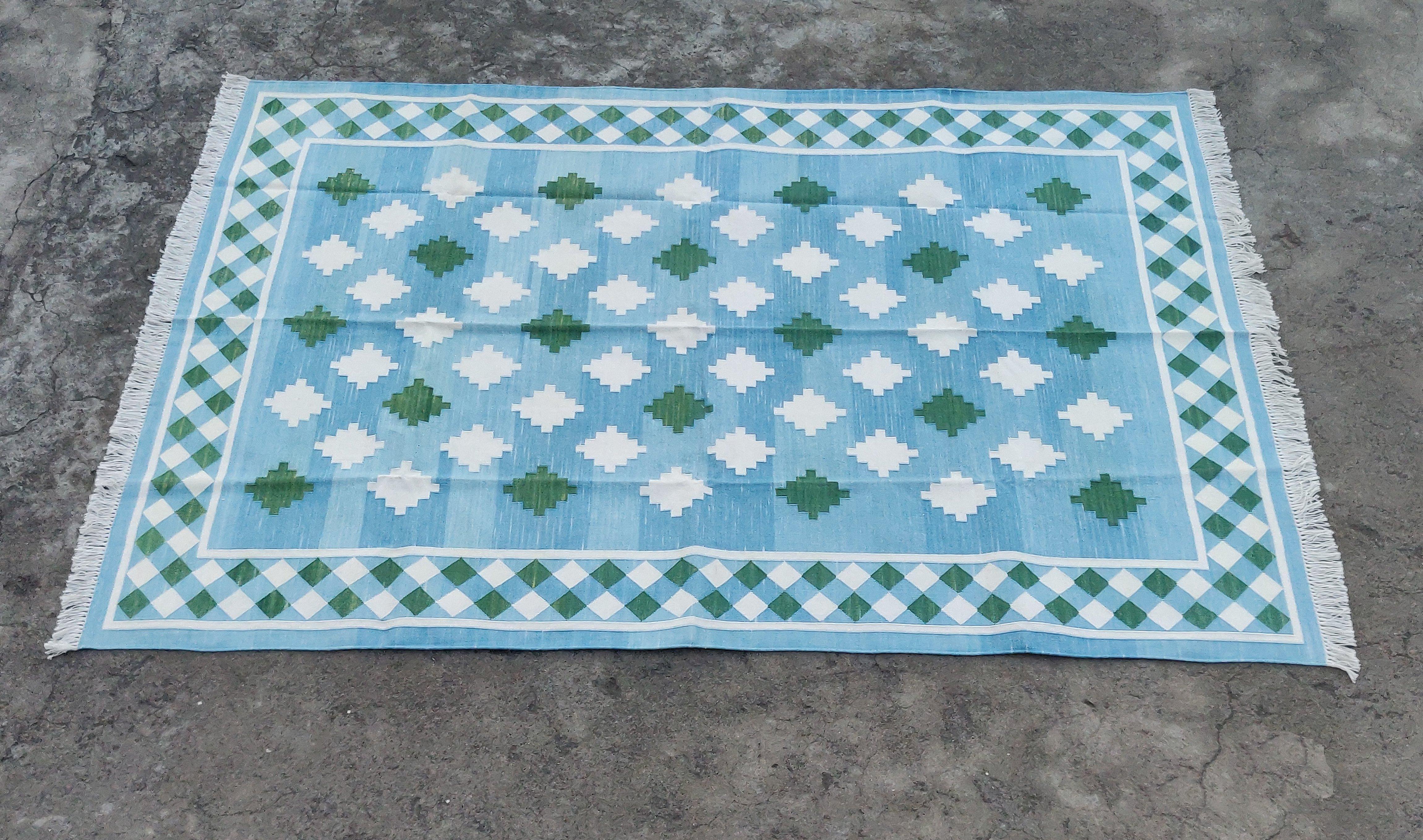 Handmade Cotton Area Flat Weave Rug, Blue & Green Geometric Star Indian Dhurrie For Sale 5
