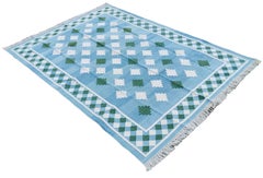 Handmade Cotton Area Flat Weave Rug, Blue & Green Geometric Star Indian Dhurrie