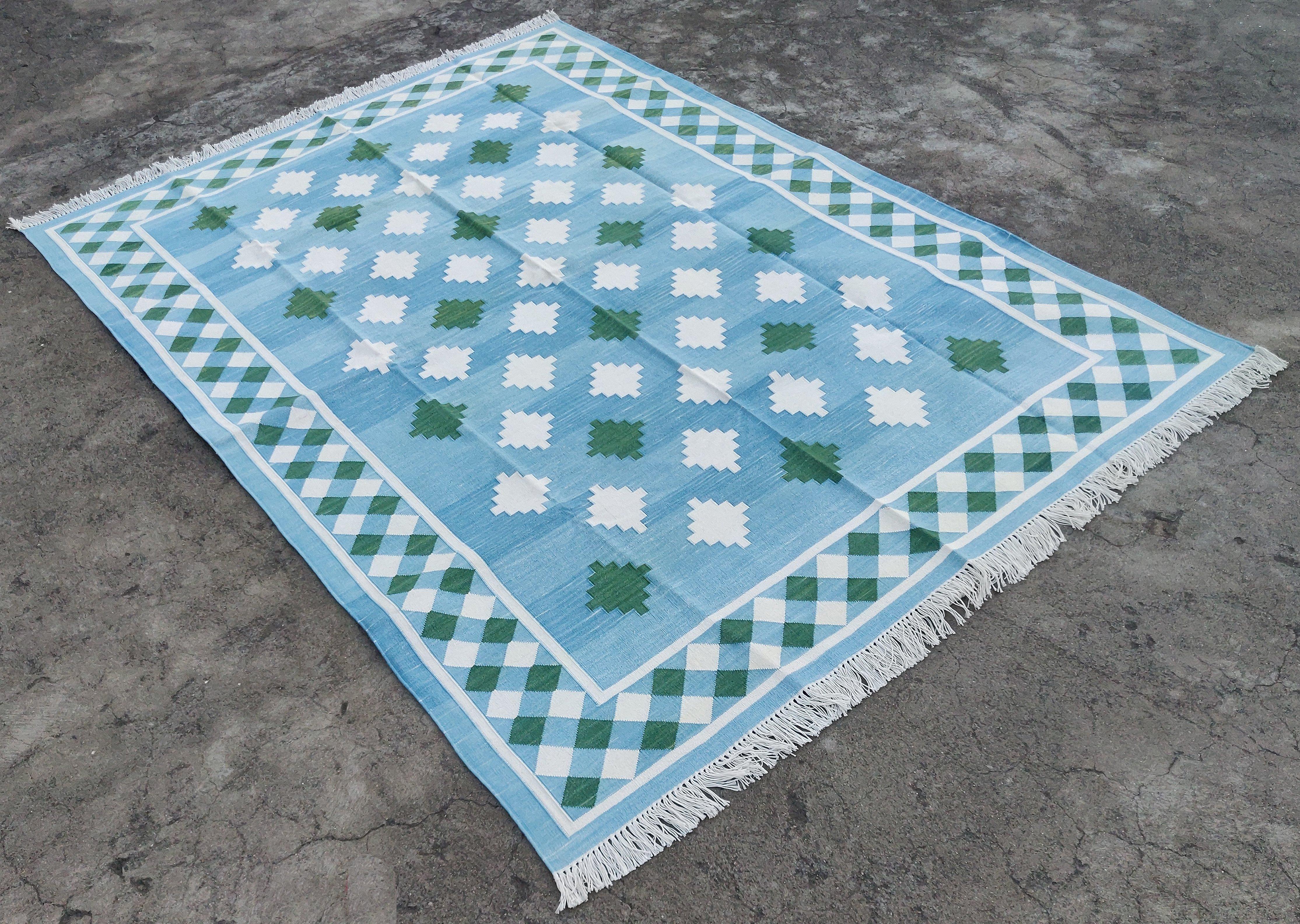 Mid-Century Modern Handmade Cotton Area Flat Weave Rug, Blue & Green Geometric Star Indian Dhurrie For Sale