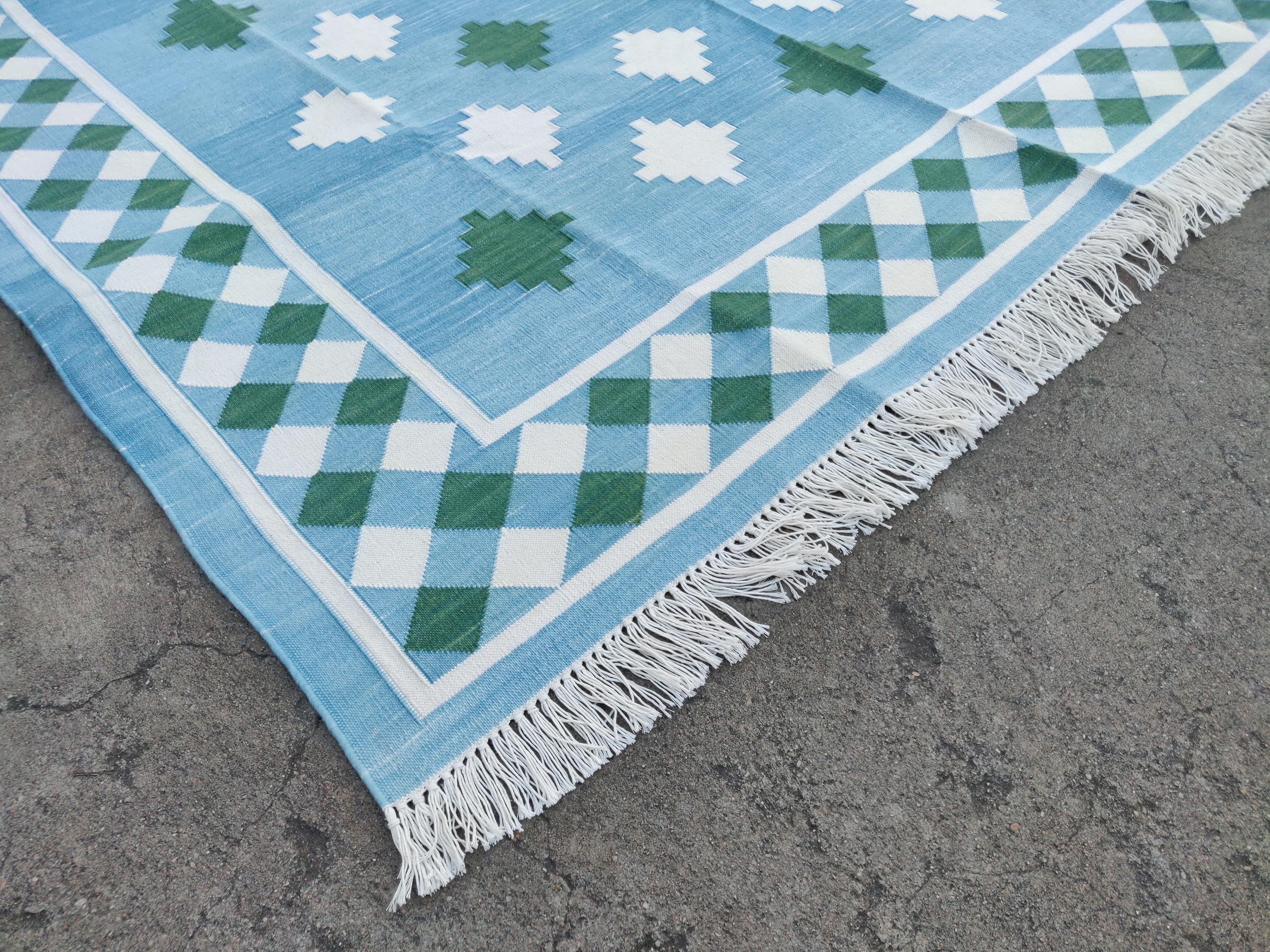 Hand-Woven Handmade Cotton Area Flat Weave Rug, Blue & Green Geometric Star Indian Dhurrie For Sale