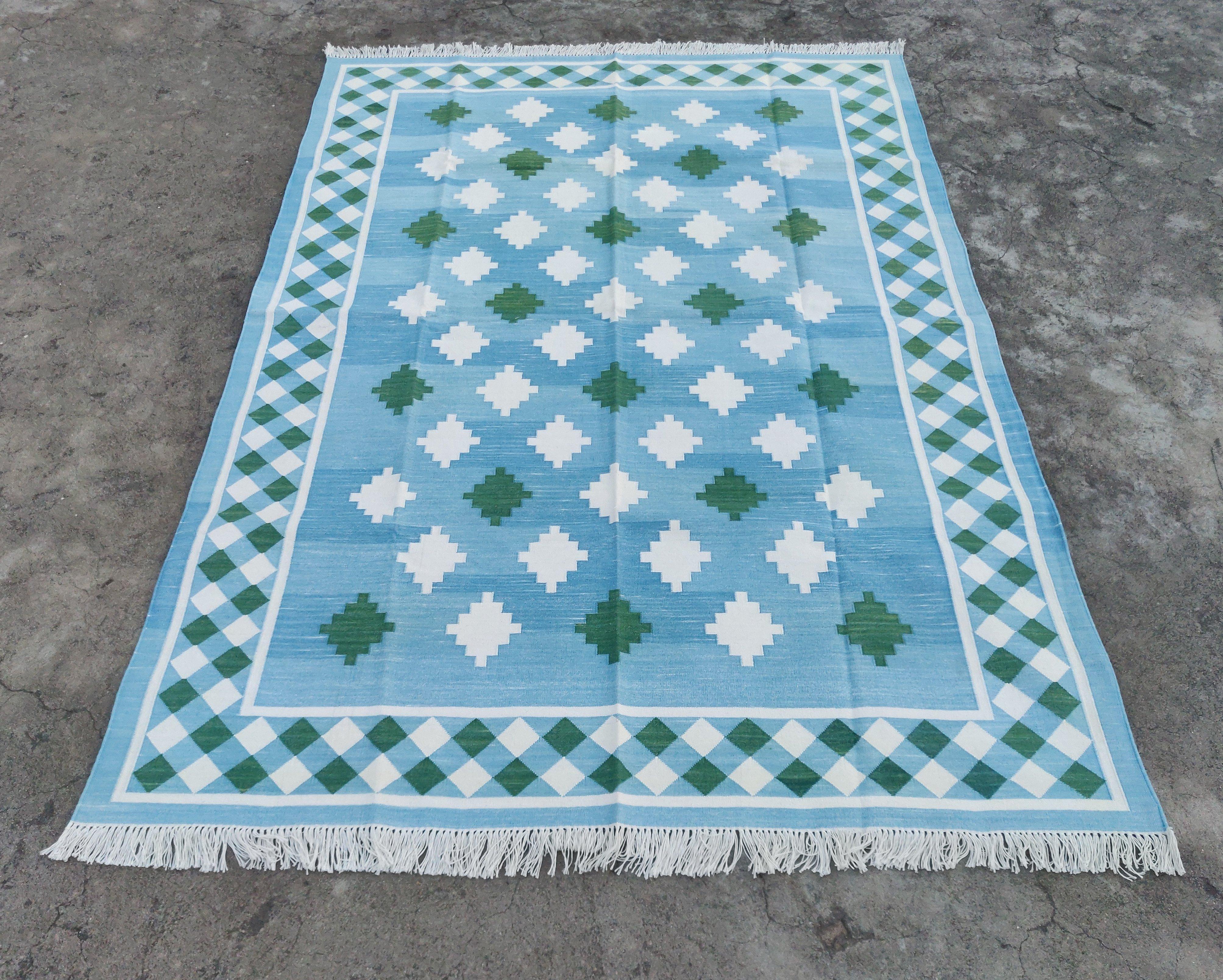 Contemporary Handmade Cotton Area Flat Weave Rug, Blue & Green Geometric Star Indian Dhurrie For Sale