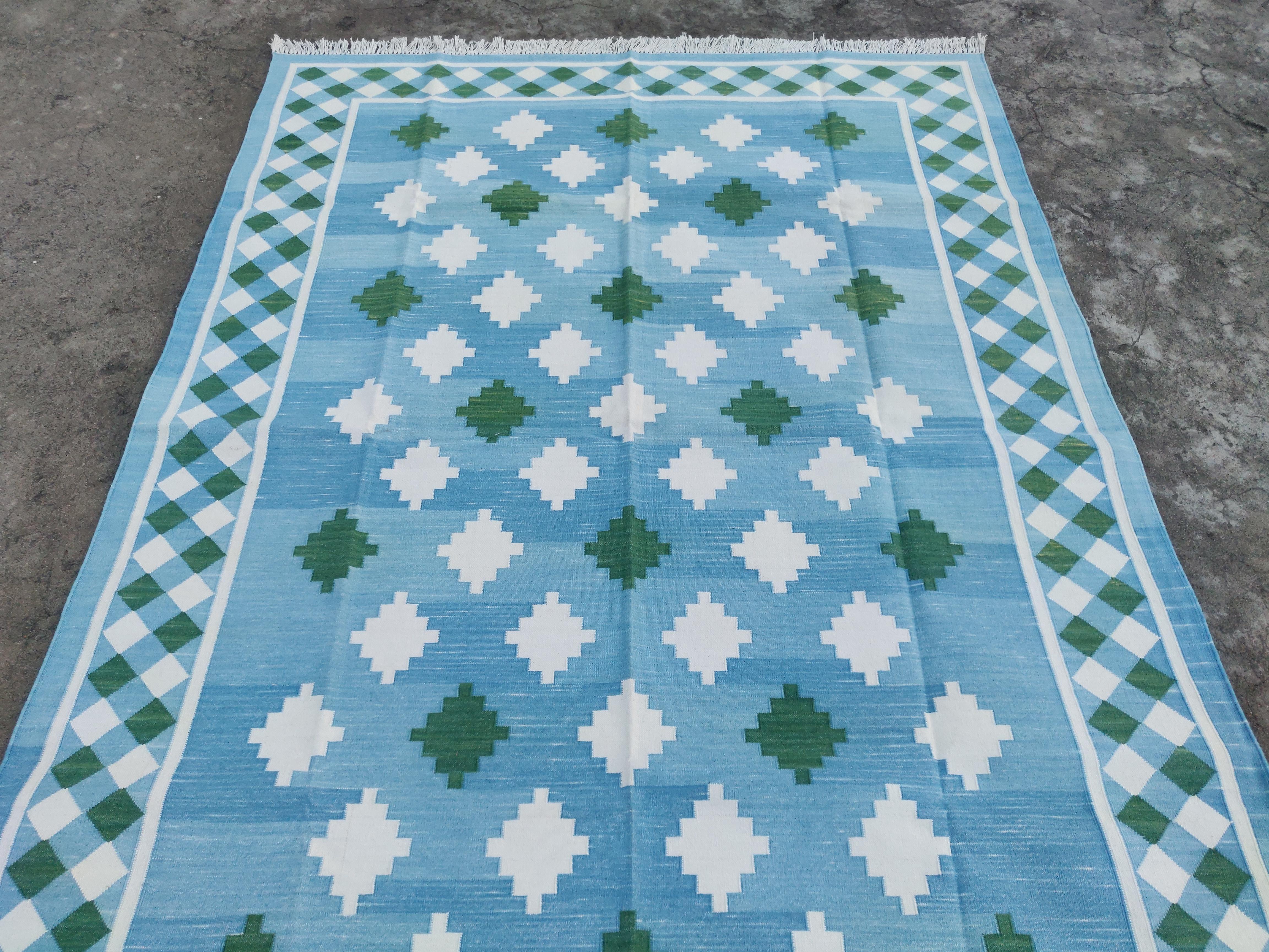 Handmade Cotton Area Flat Weave Rug, Blue & Green Geometric Star Indian Dhurrie For Sale 1