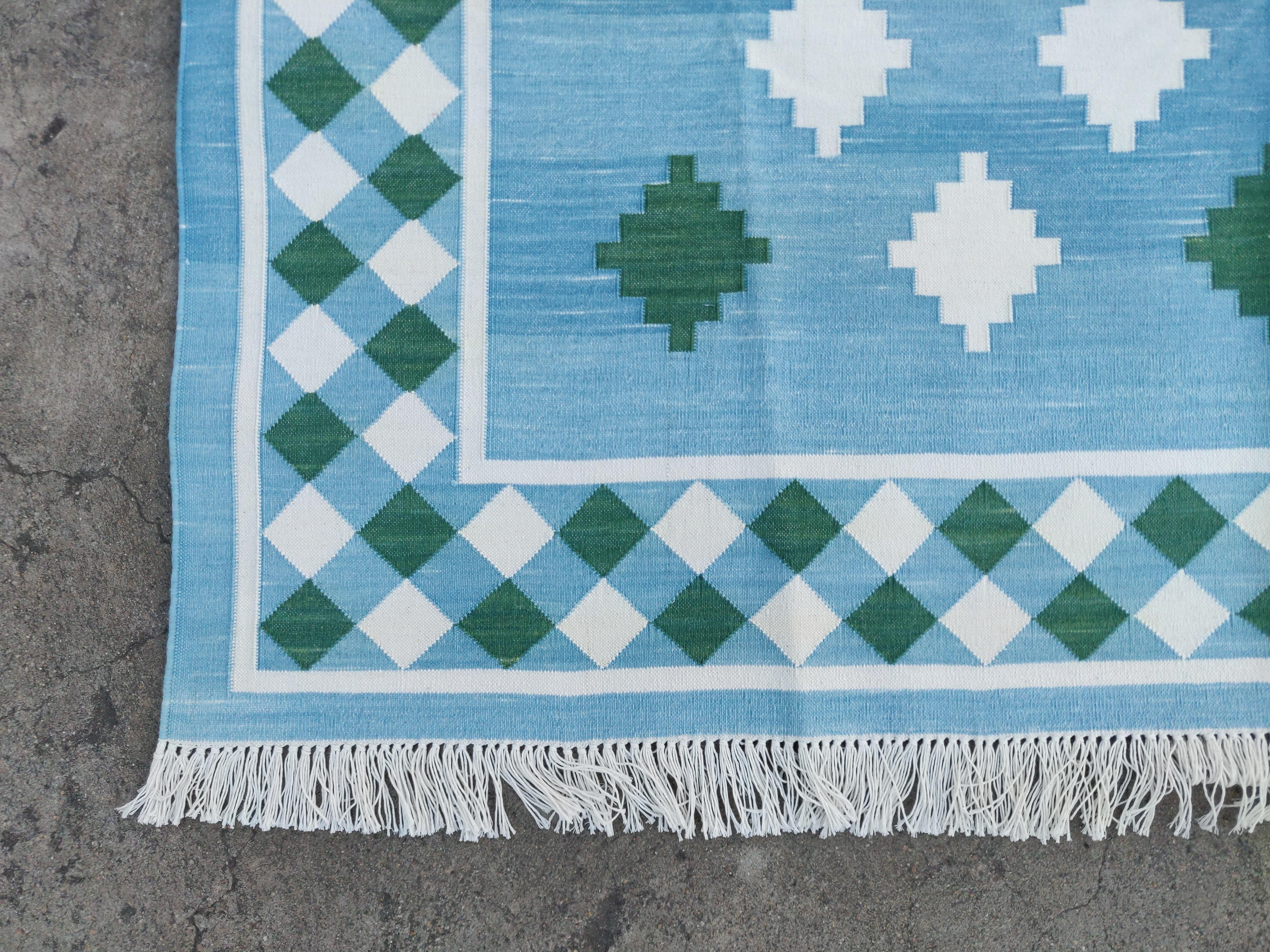 Handmade Cotton Area Flat Weave Rug, Blue & Green Geometric Star Indian Dhurrie For Sale 2