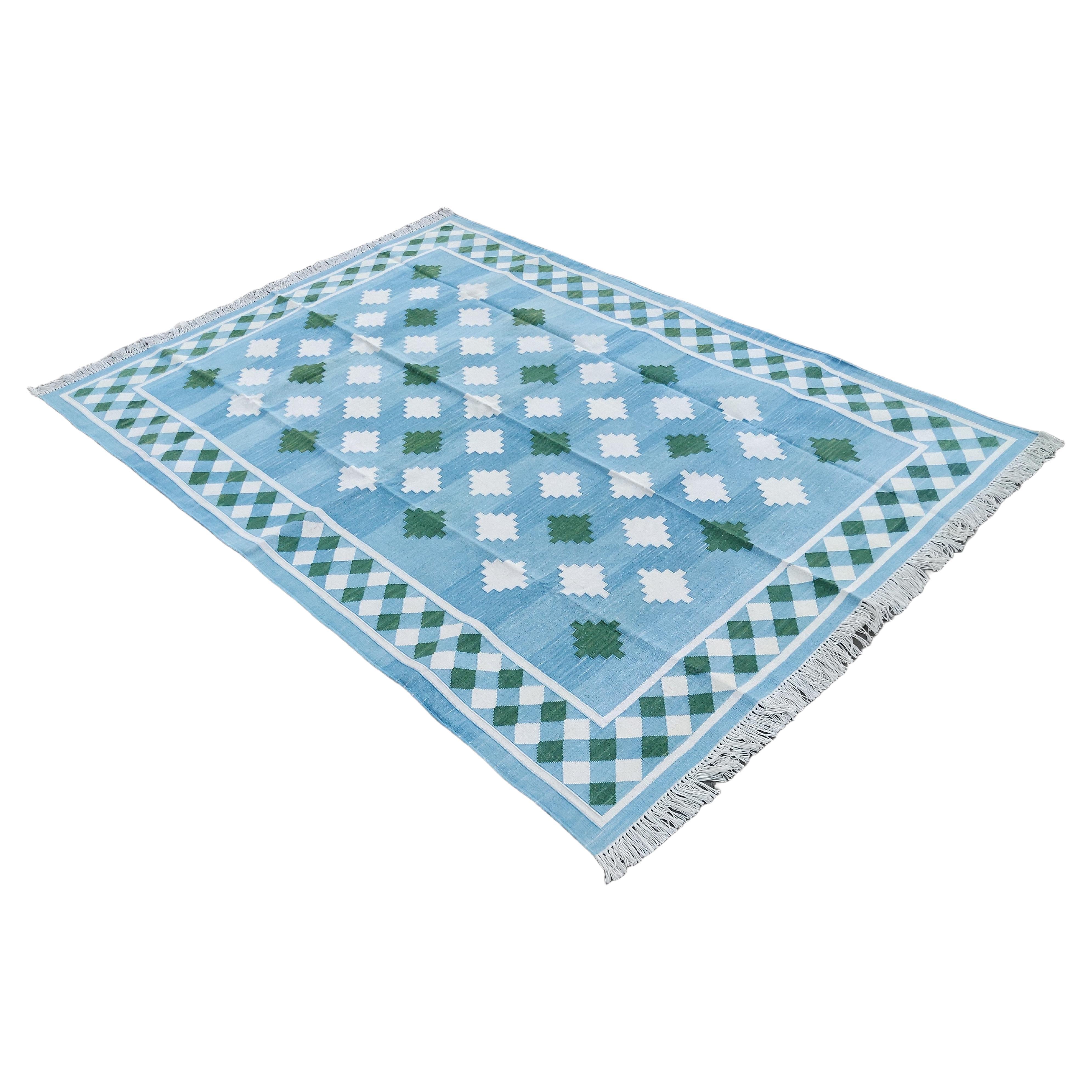 Handmade Cotton Area Flat Weave Rug, Blue & Green Geometric Star Indian Dhurrie For Sale