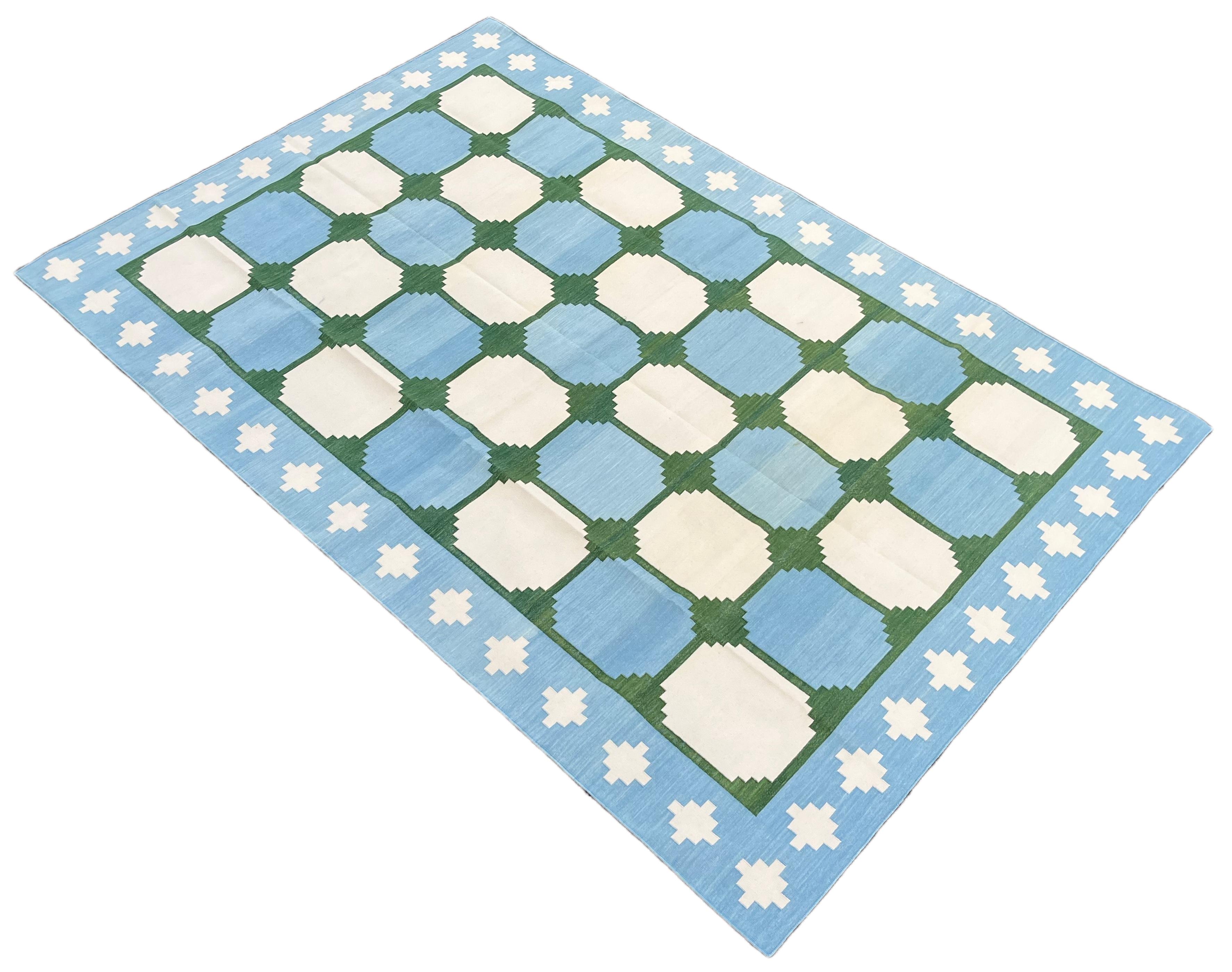 Handmade Cotton Area Flat Weave Rug, Blue & Green Geometric Tile Indian Dhurrie For Sale 4