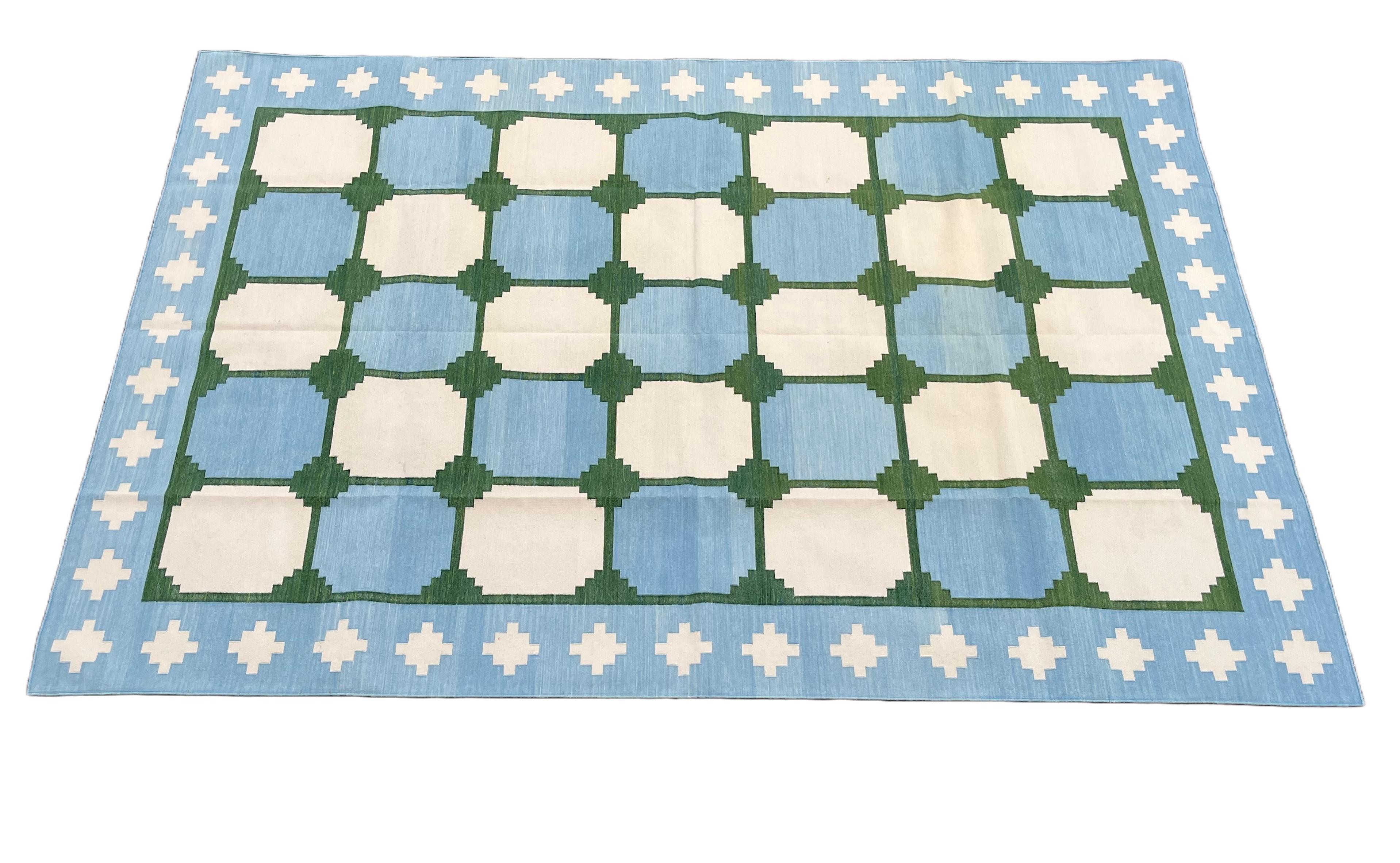 Handmade Cotton Area Flat Weave Rug, Blue & Green Geometric Tile Indian Dhurrie For Sale 5