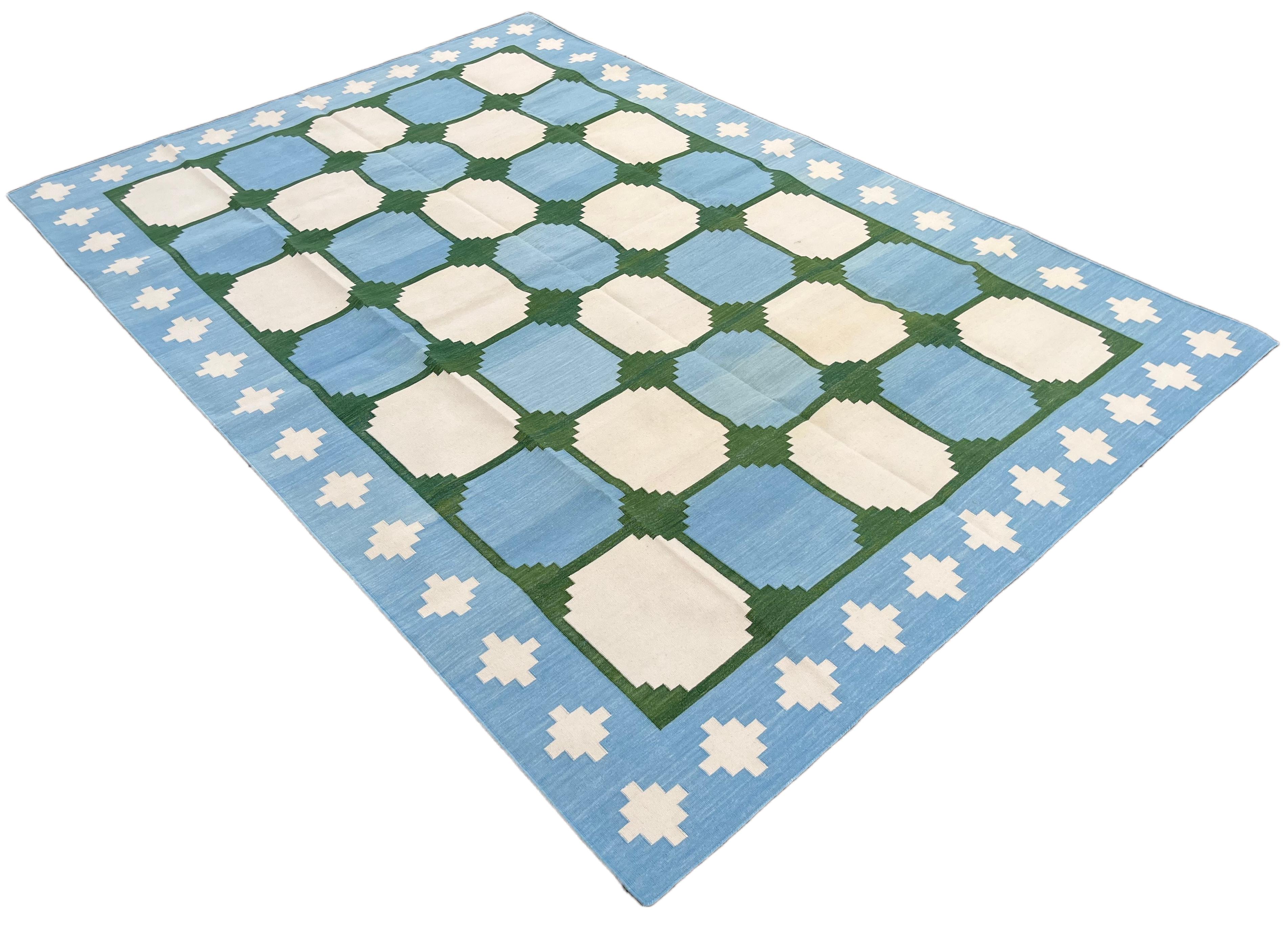 Cotton Vegetable Dyed Reversible Blue And Green Geometric Patterned Tile Indian Rug - 6'x9'
These special flat-weave dhurries are hand-woven with 15 ply 100% cotton yarn. Due to the special manufacturing techniques used to create our rugs, the size