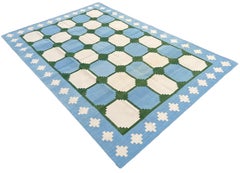 Handmade Cotton Area Flat Weave Rug, Blue & Green Geometric Tile Indian Dhurrie