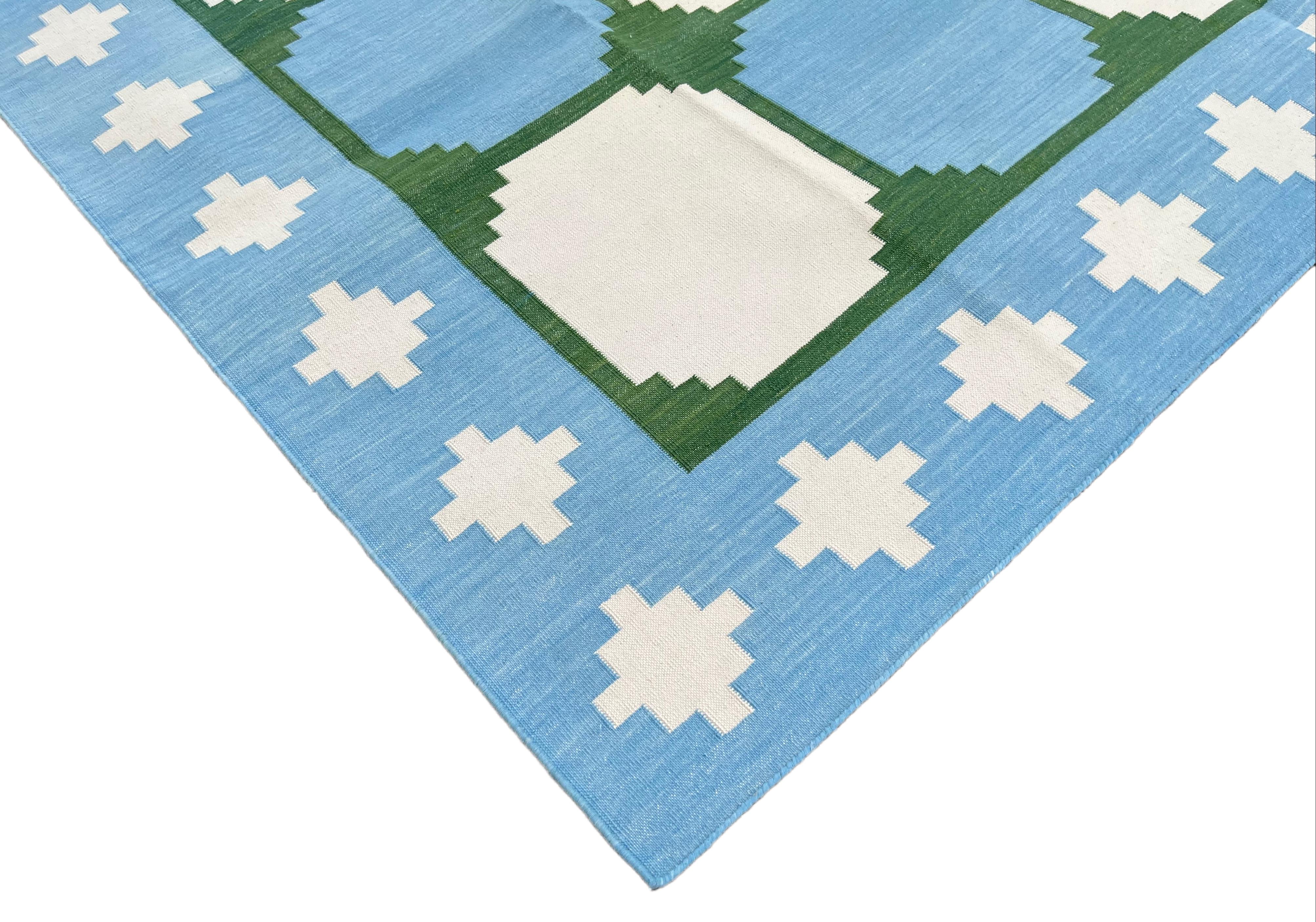 Mid-Century Modern Handmade Cotton Area Flat Weave Rug, Blue & Green Geometric Tile Indian Dhurrie For Sale