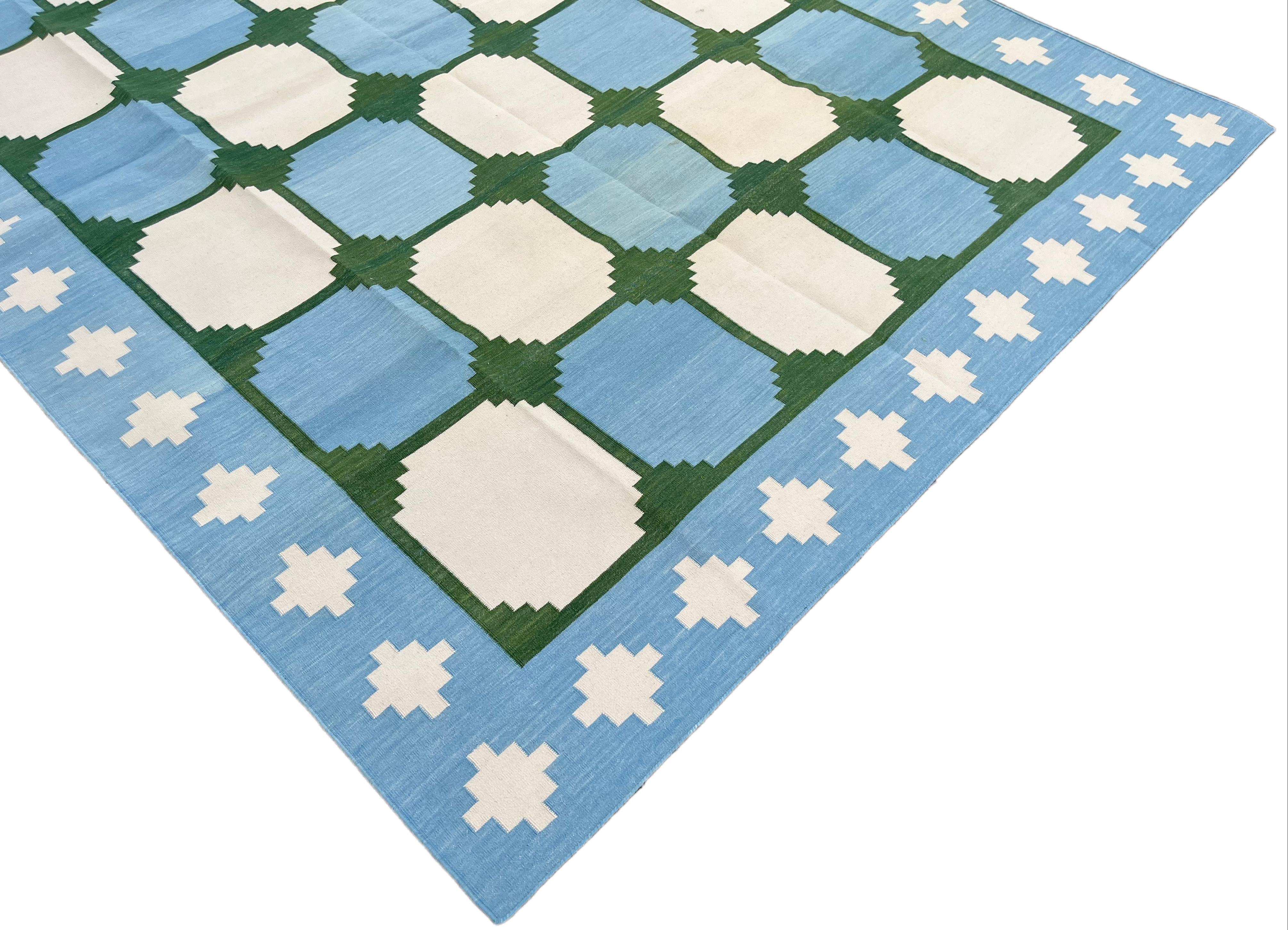 Hand-Woven Handmade Cotton Area Flat Weave Rug, Blue & Green Geometric Tile Indian Dhurrie For Sale