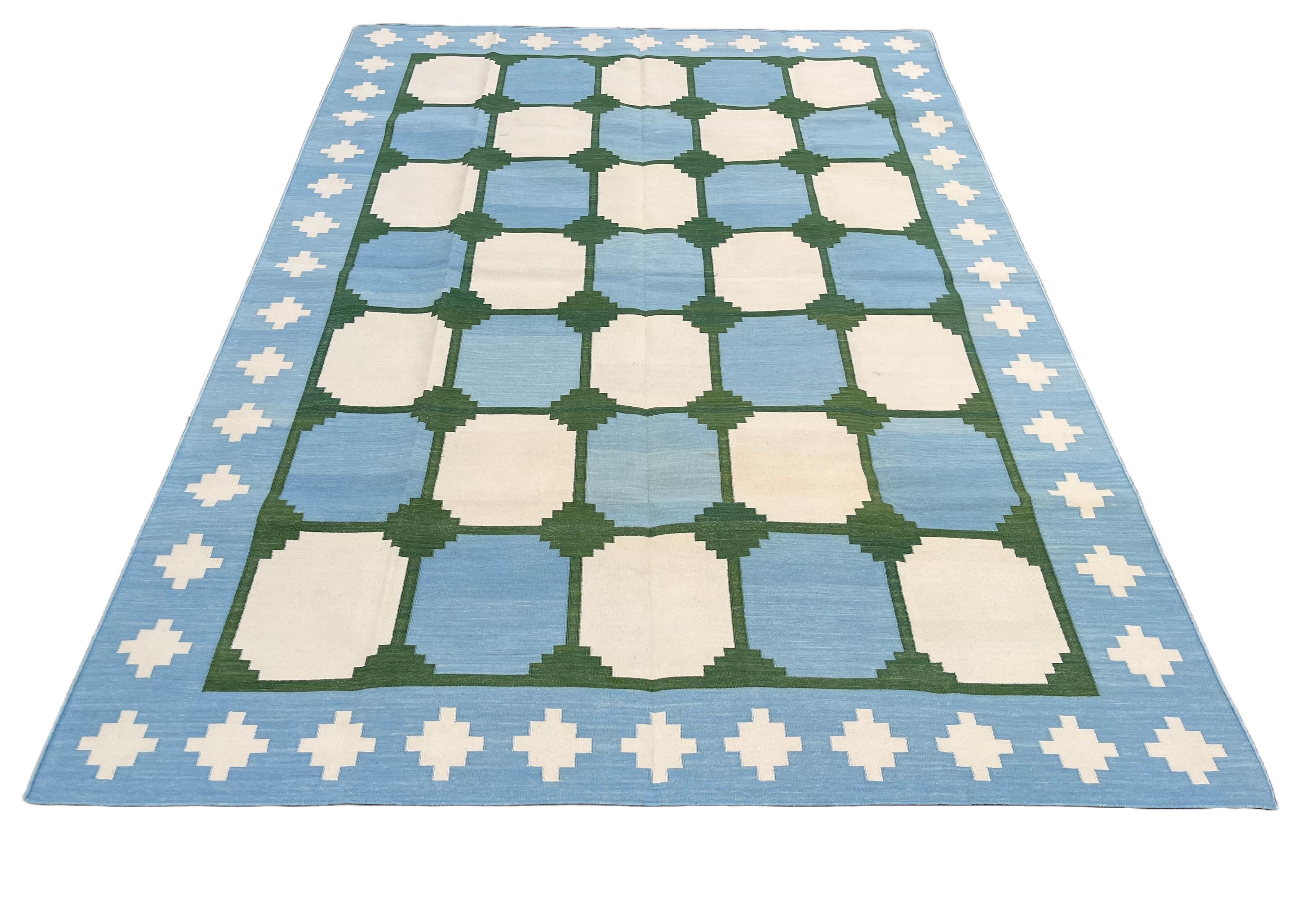 Handmade Cotton Area Flat Weave Rug, Blue & Green Geometric Tile Indian Dhurrie In New Condition For Sale In Jaipur, IN