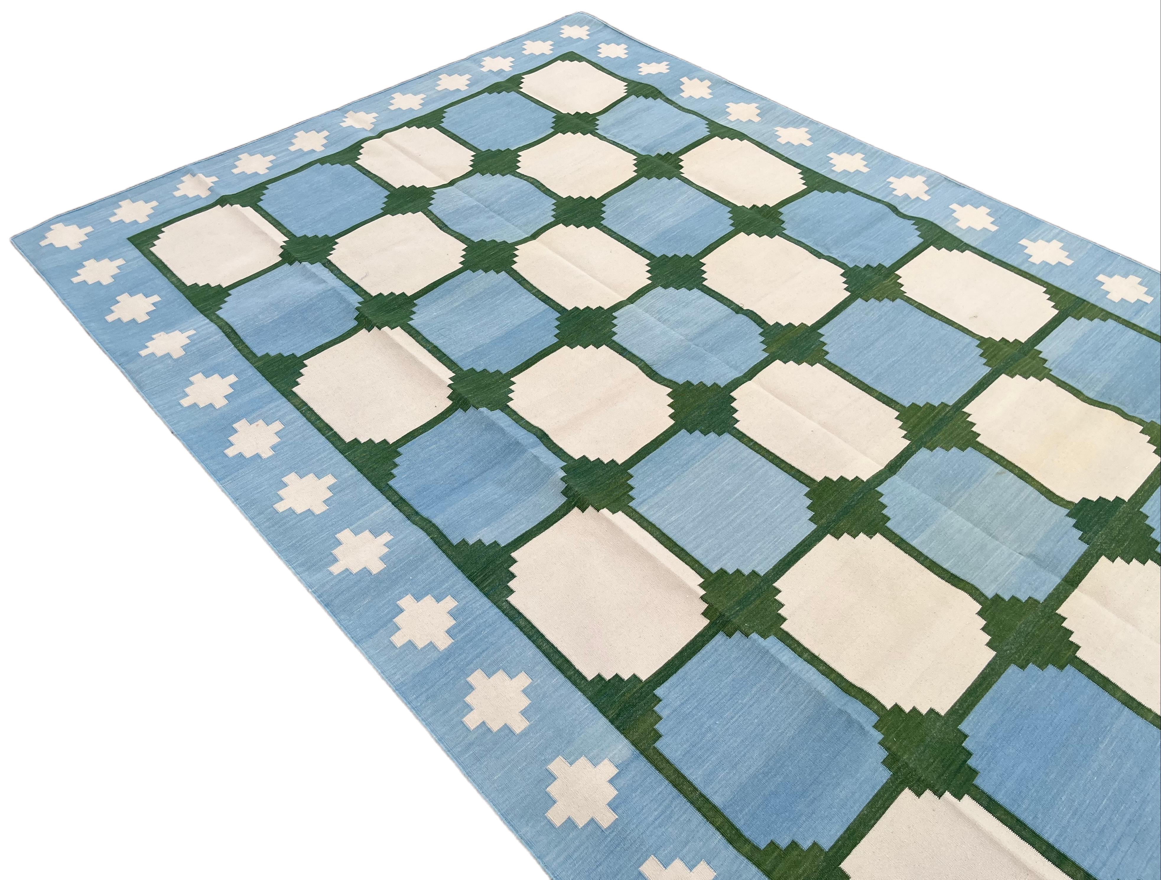 Contemporary Handmade Cotton Area Flat Weave Rug, Blue & Green Geometric Tile Indian Dhurrie For Sale