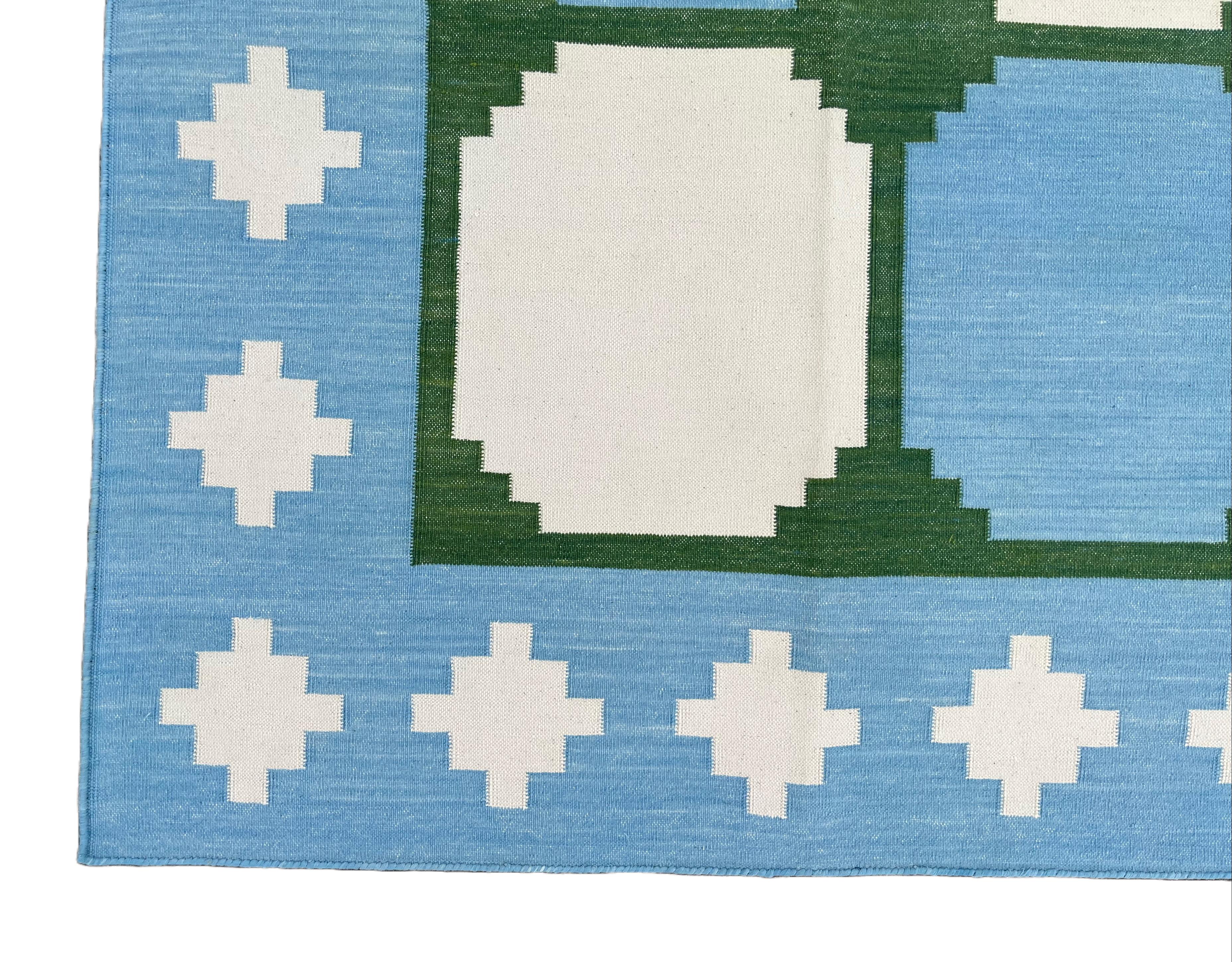 Handmade Cotton Area Flat Weave Rug, Blue & Green Geometric Tile Indian Dhurrie For Sale 1