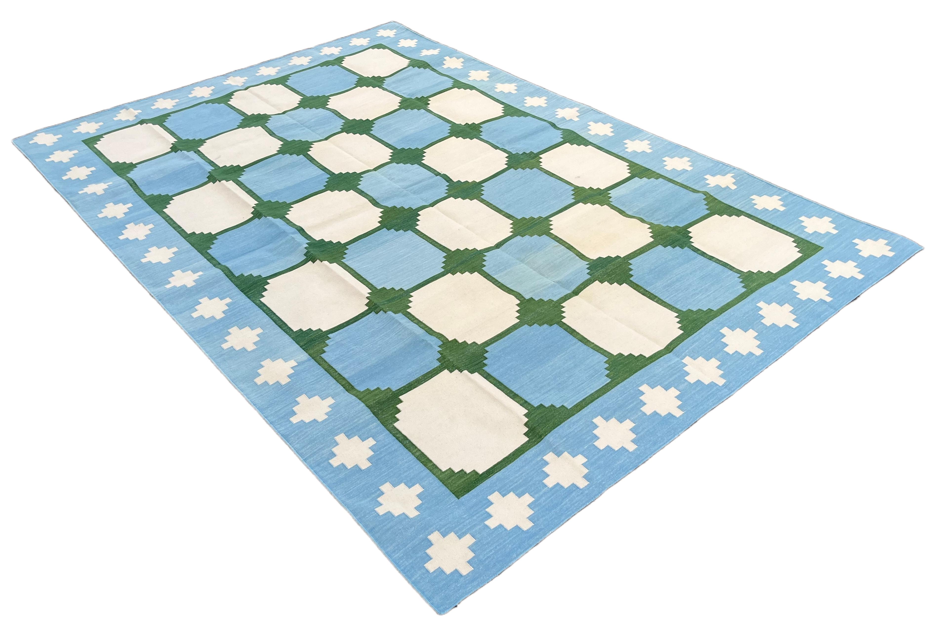Handmade Cotton Area Flat Weave Rug, Blue & Green Geometric Tile Indian Dhurrie For Sale 3