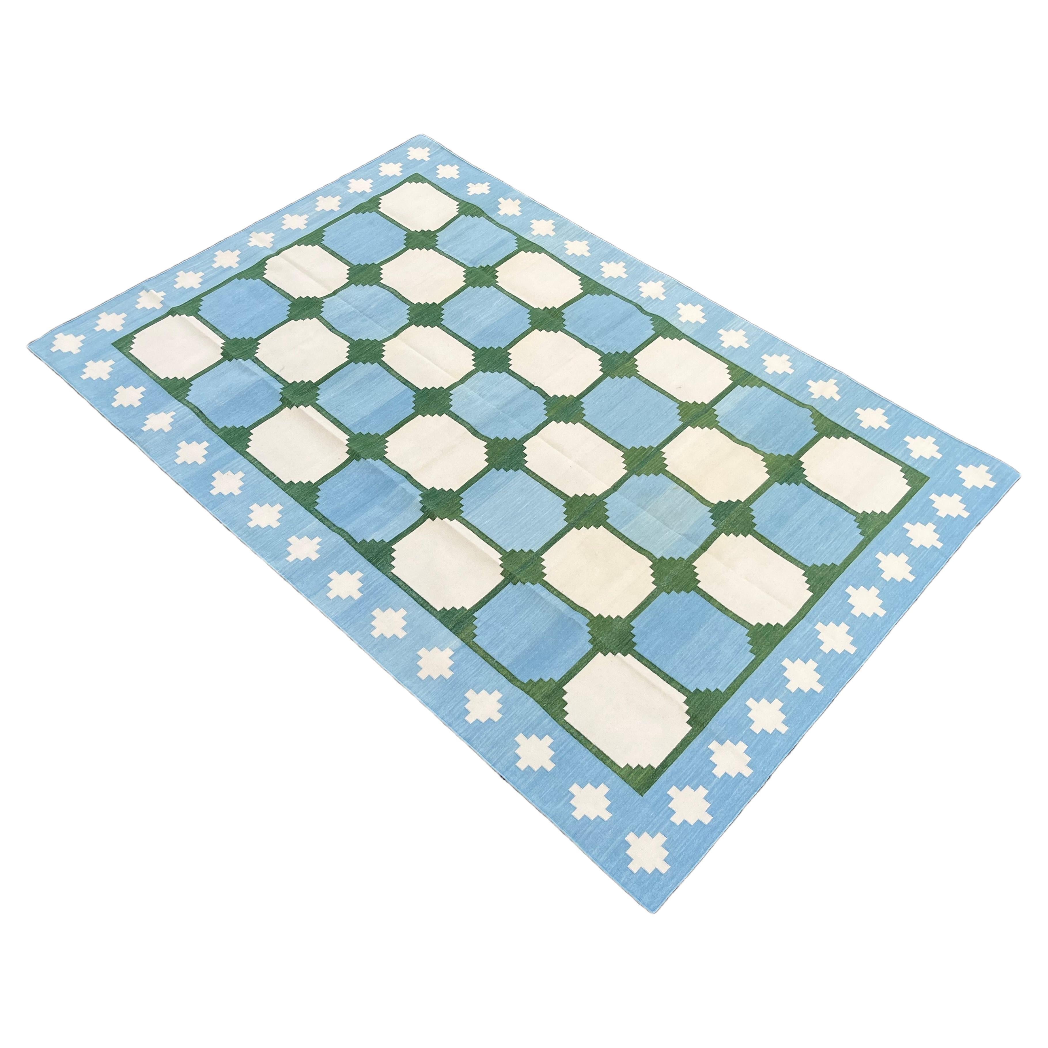 Handmade Cotton Area Flat Weave Rug, Blue & Green Geometric Tile Indian Dhurrie For Sale