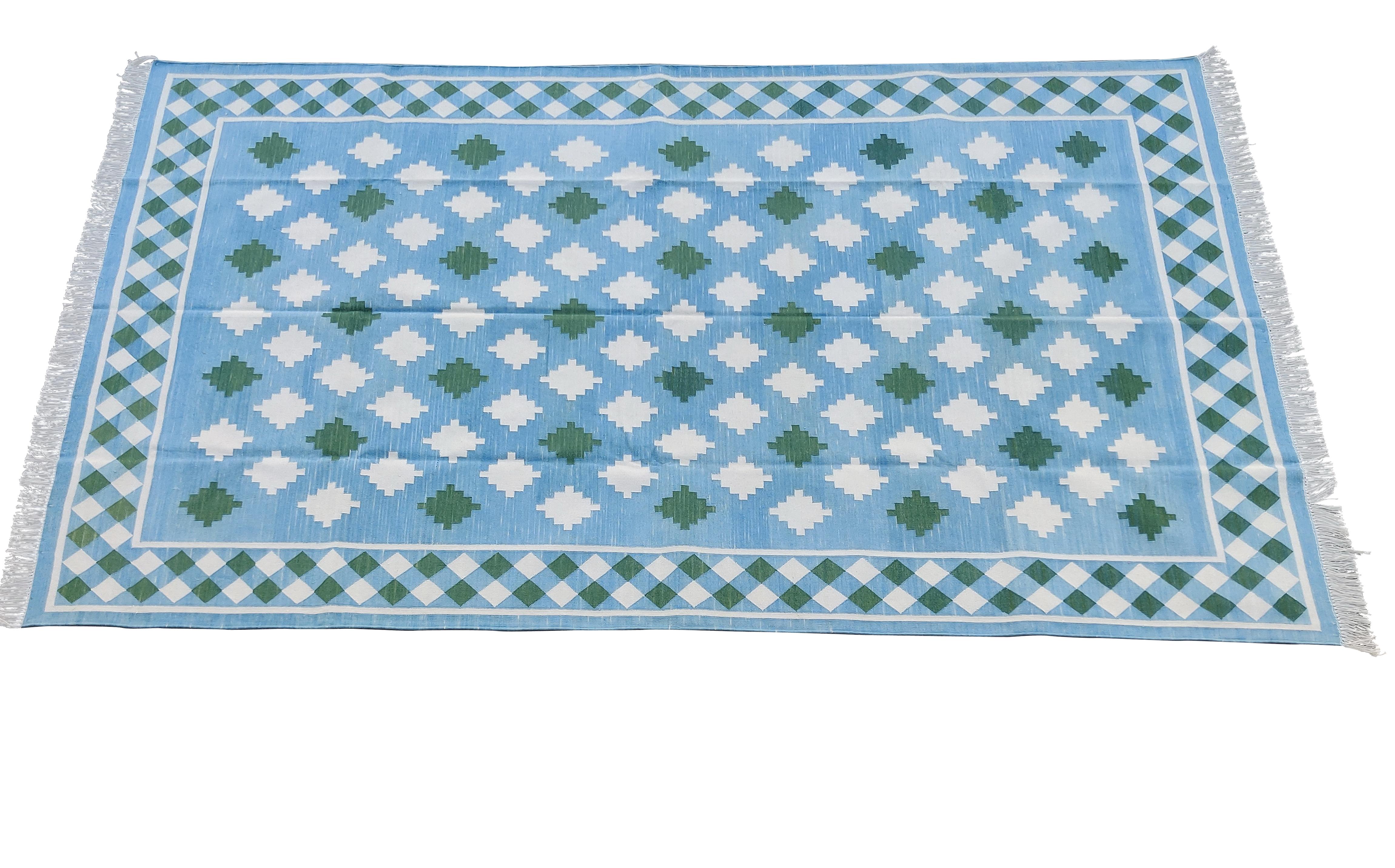Handgefertigter Flachgewebe-Teppich aus Baumwolle, blauer & grüner indischer Stern-Indianer Dhurrie-Teppich im Angebot 3
