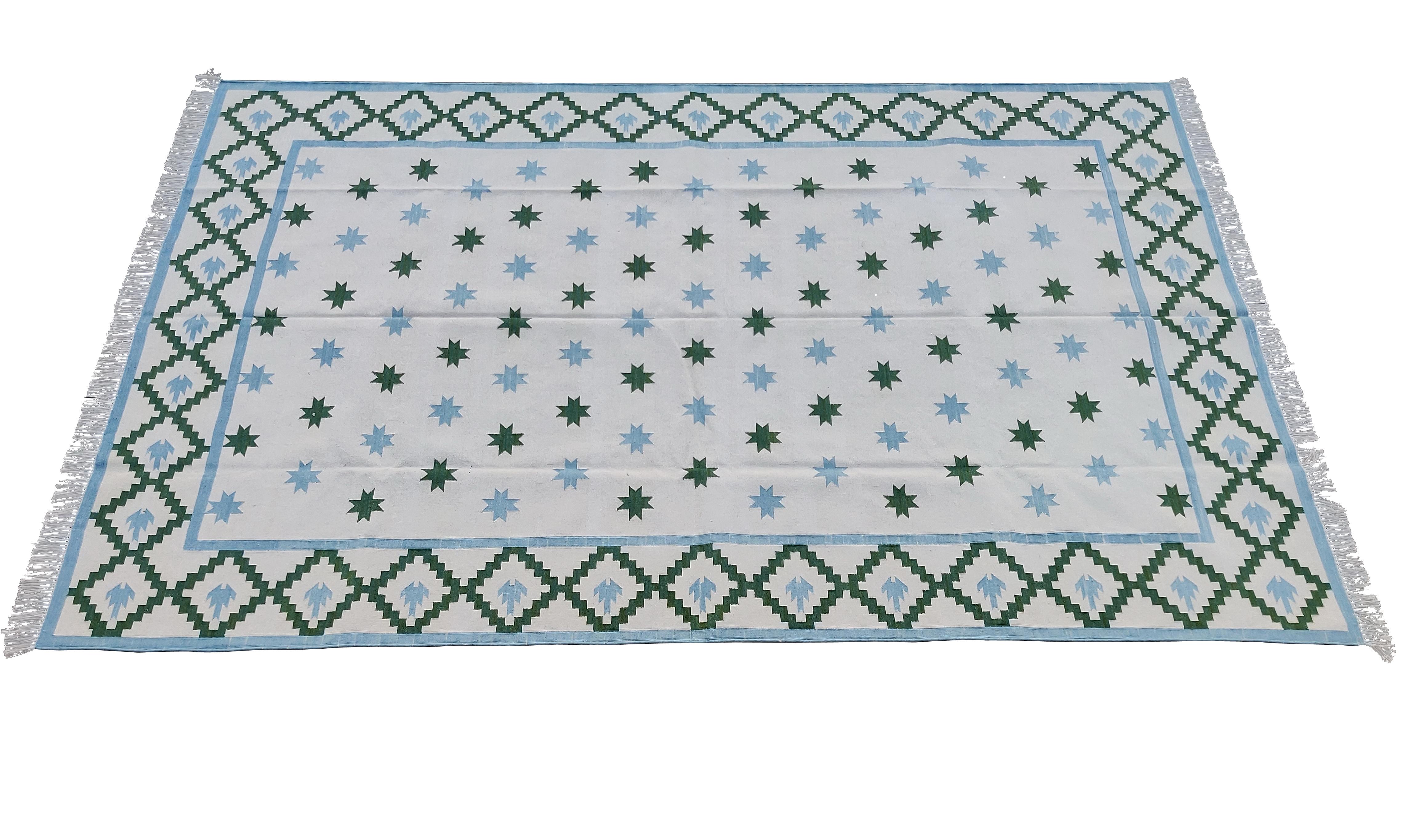 Handmade Cotton Area Flat Weave Rug, Blue & Green Indian Star Indian Dhurrie Rug For Sale 4