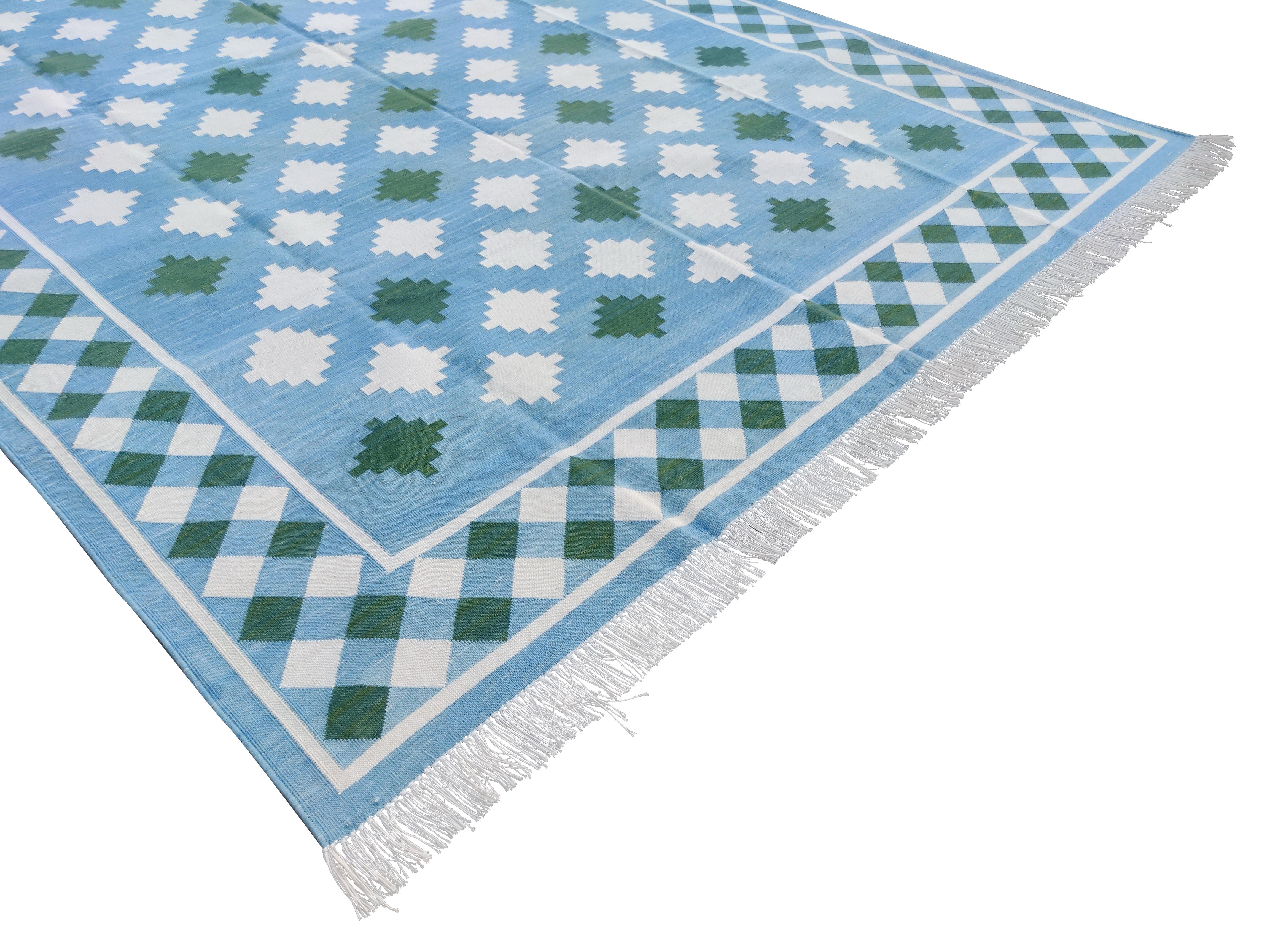 Mid-Century Modern Handmade Cotton Area Flat Weave Rug, Blue & Green Indian Star Indian Dhurrie Rug For Sale