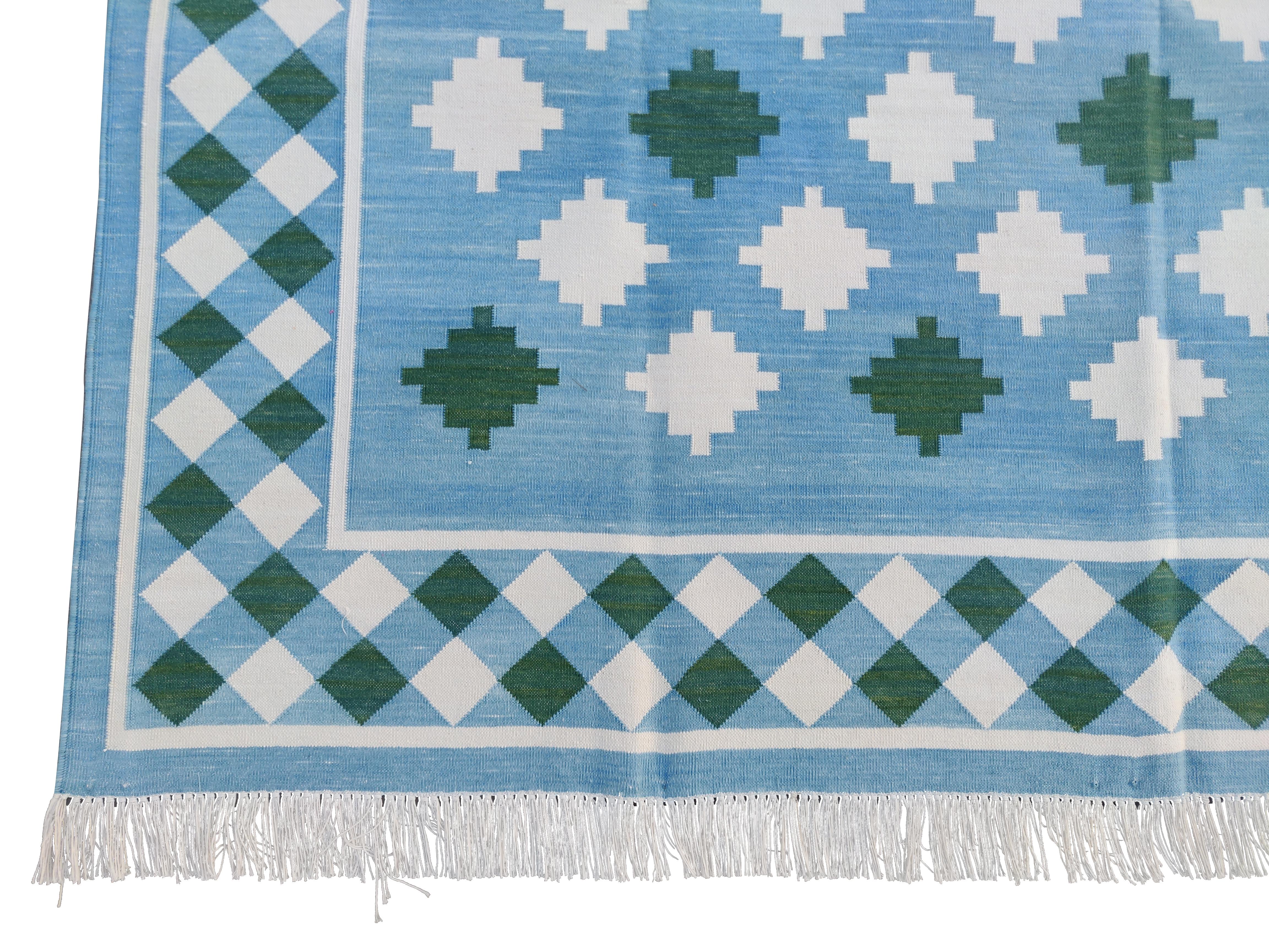 Handmade Cotton Area Flat Weave Rug, Blue & Green Indian Star Indian Dhurrie Rug For Sale 1