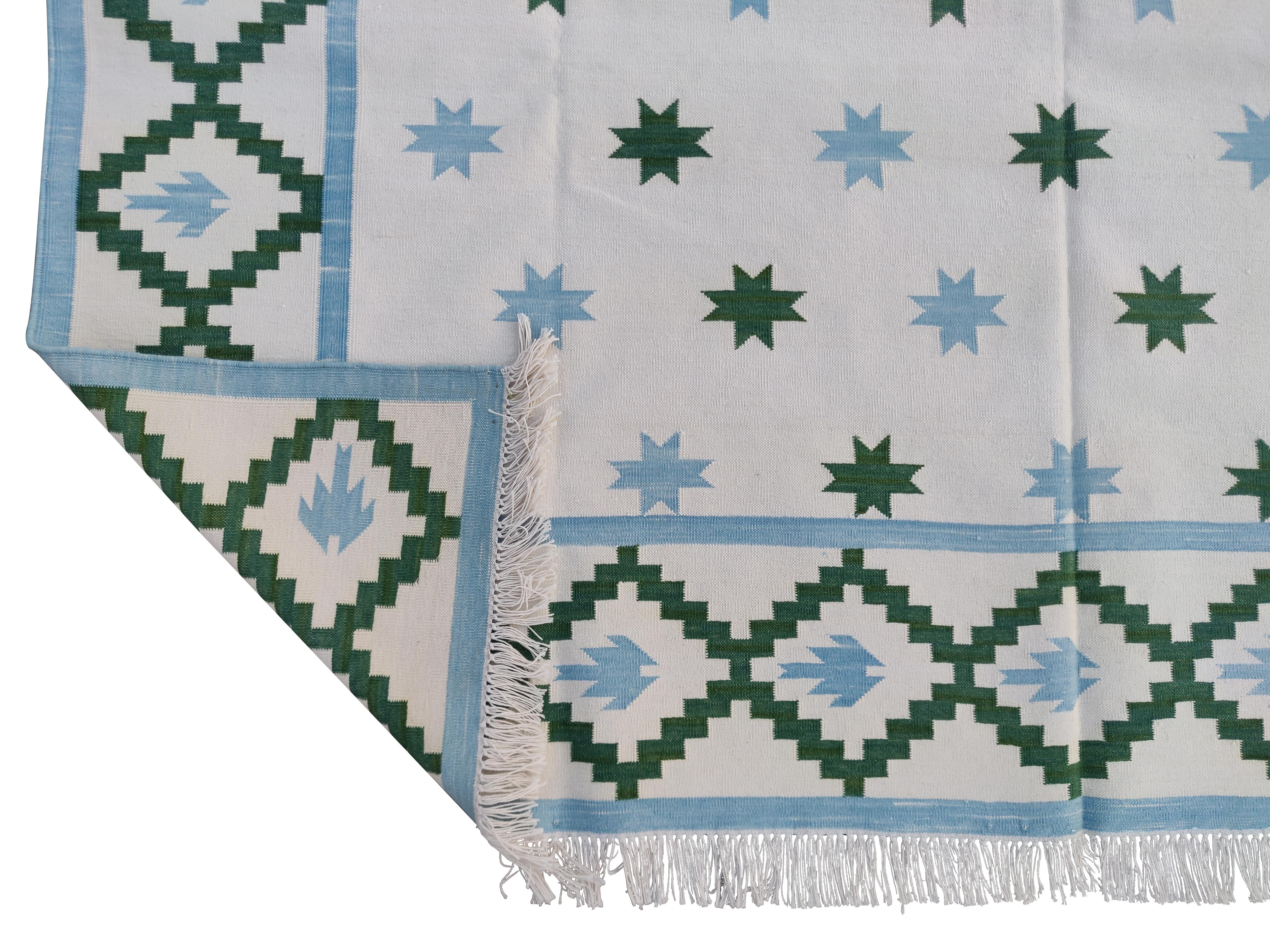 Handmade Cotton Area Flat Weave Rug, Blue & Green Indian Star Indian Dhurrie Rug For Sale 2