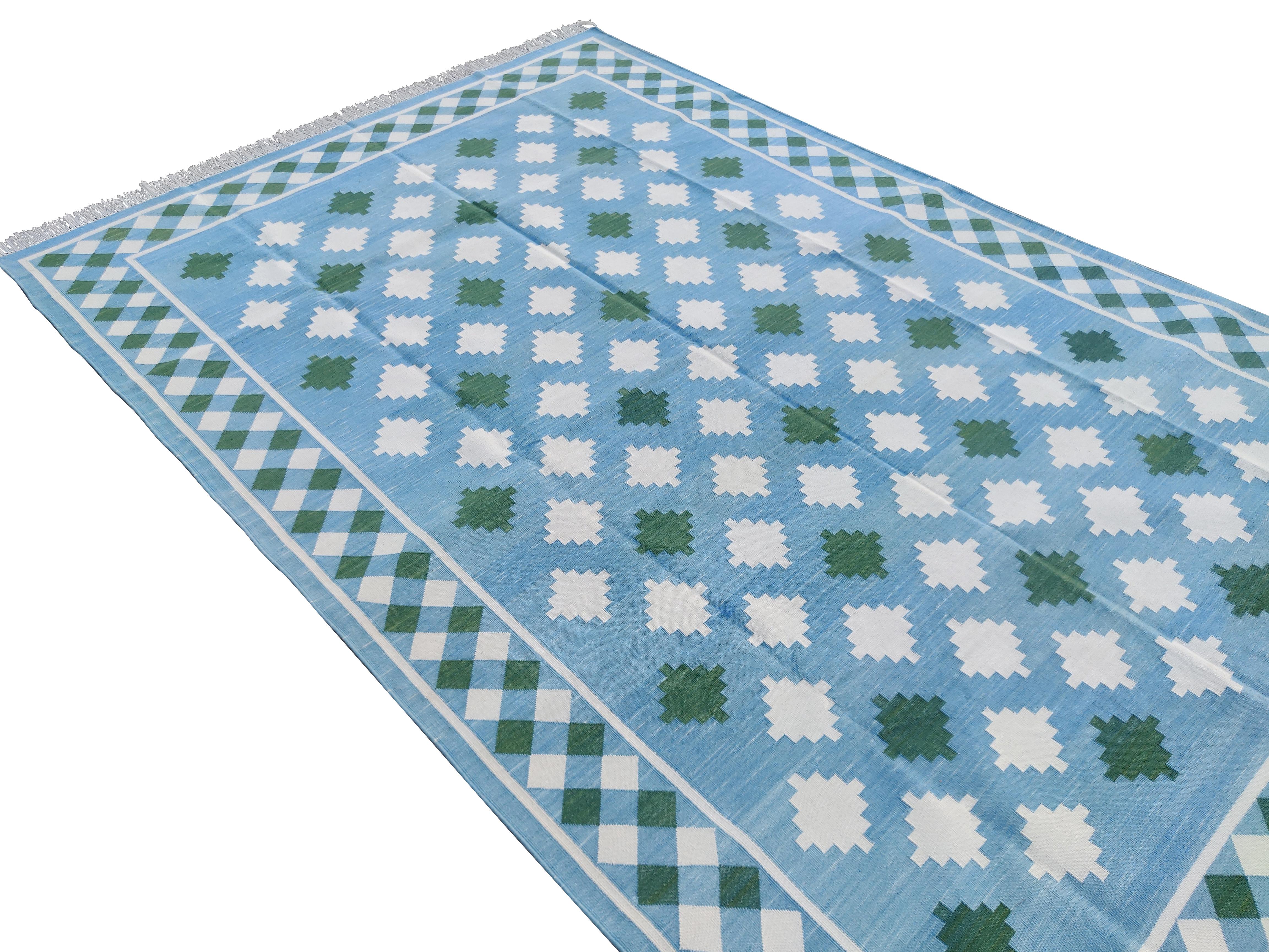 Handmade Cotton Area Flat Weave Rug, Blue & Green Indian Star Indian Dhurrie Rug For Sale 3