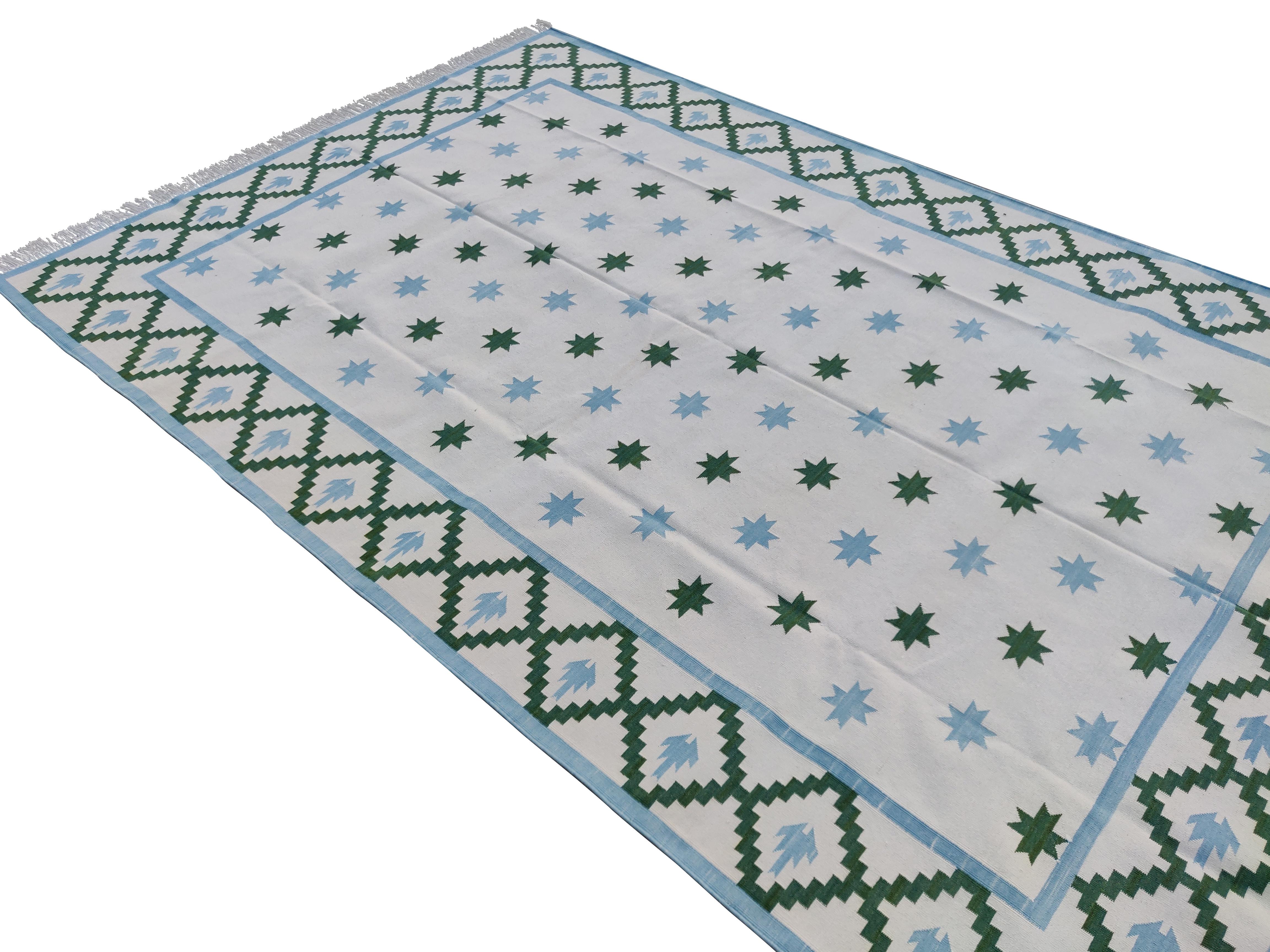 Handmade Cotton Area Flat Weave Rug, Blue & Green Indian Star Indian Dhurrie Rug For Sale 3