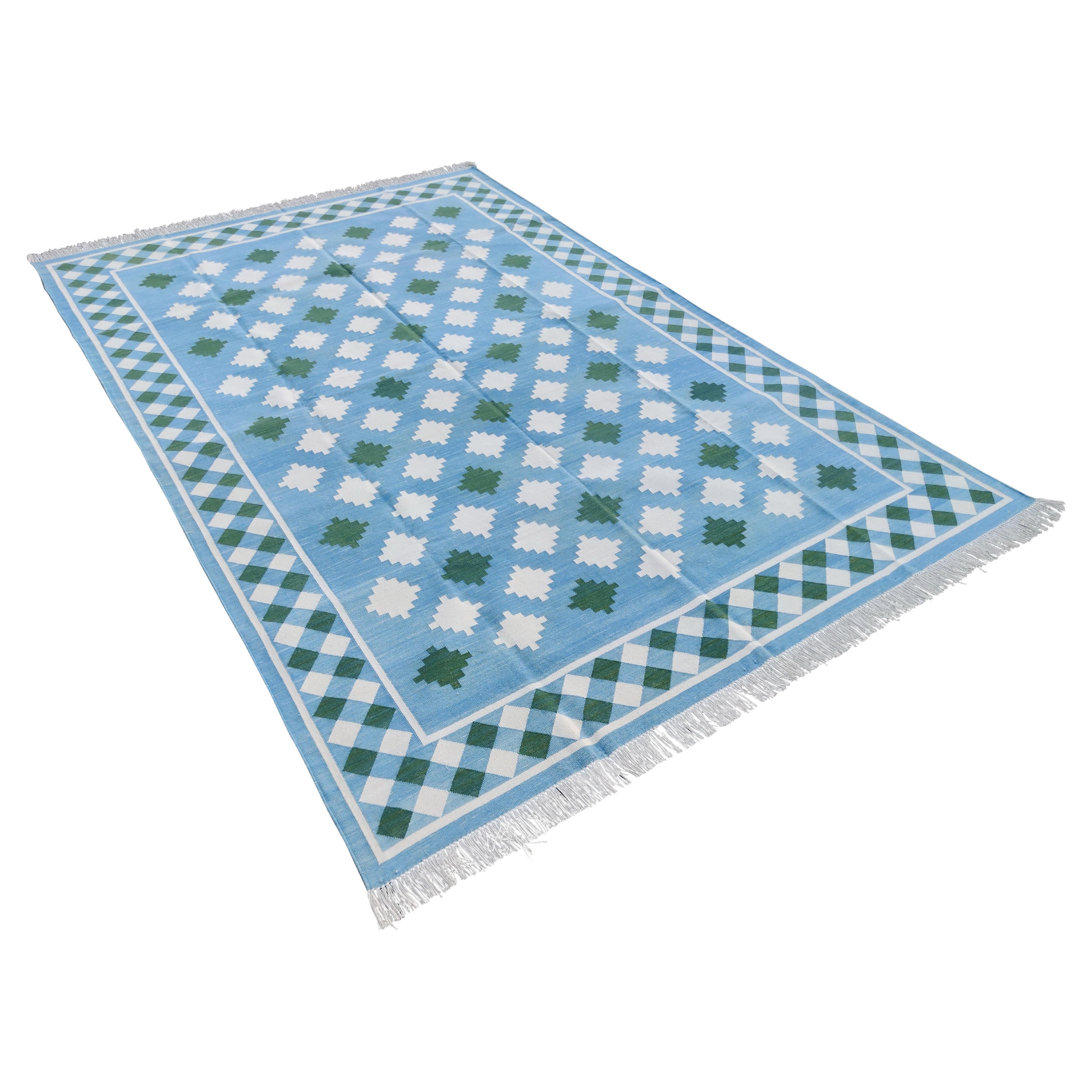 Handgefertigter Flachgewebe-Teppich aus Baumwolle, blauer & grüner indischer Stern-Indianer Dhurrie-Teppich