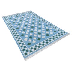 Handgefertigter Flachgewebe-Teppich aus Baumwolle, blauer & grüner indischer Stern-Indianer Dhurrie-Teppich
