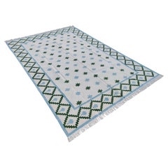 Handmade Cotton Area Flat Weave Rug, Blue & Green Indian Star Indian Dhurrie Rug