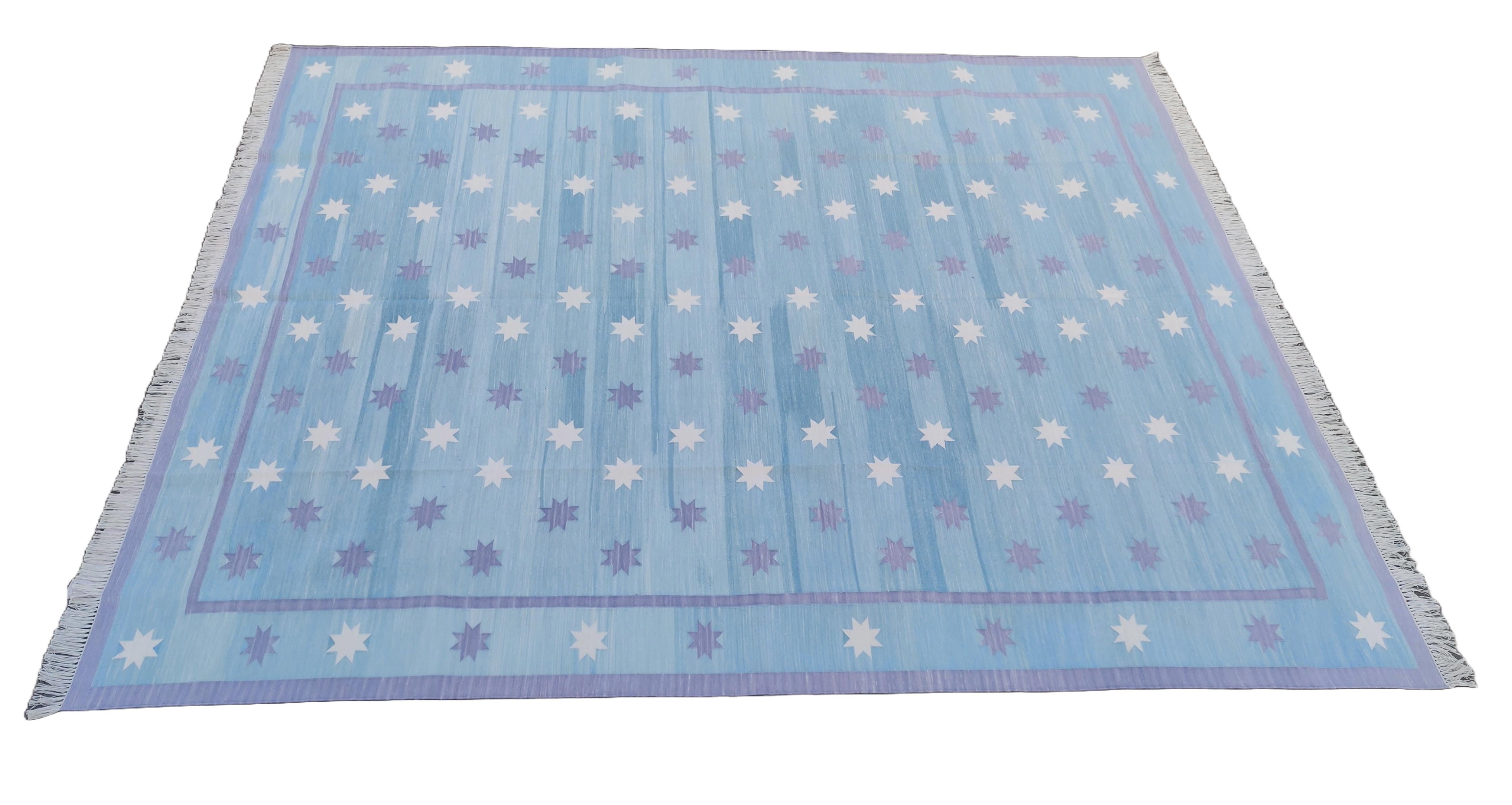Handgefertigter Flachgewebe-Teppich aus Baumwolle, blau, lavendelfarben und cremefarben, indischer Stern Dhurrie im Angebot 4