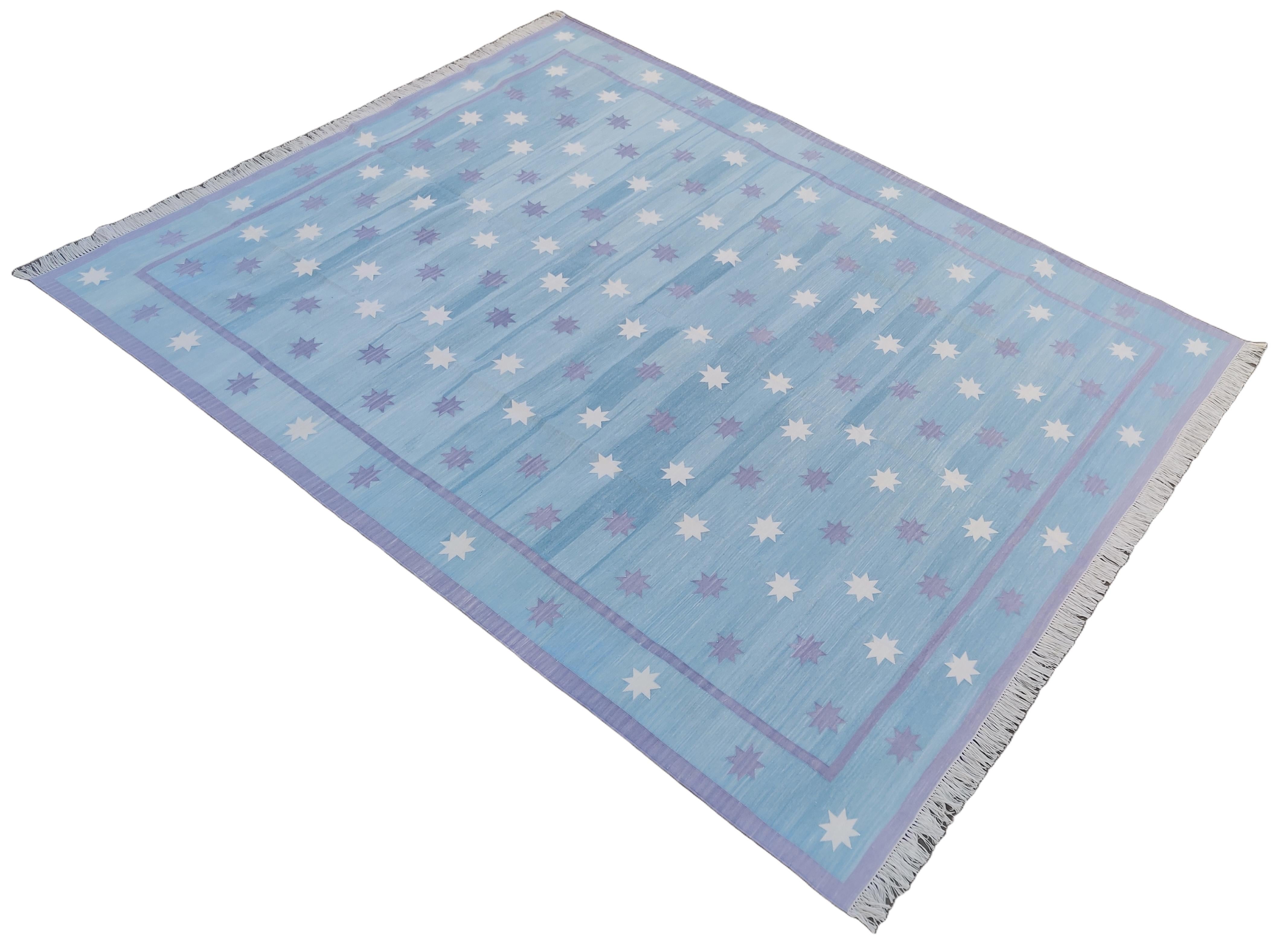 Handgefertigter Flachgewebe-Teppich aus Baumwolle, blau, lavendelfarben und cremefarben, indischer Stern Dhurrie im Angebot 5