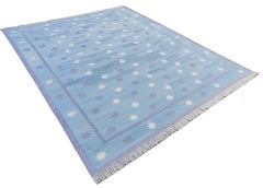 Handmade Cotton Area Flat Weave Rug, Blue, Lavender & Cream Indian Star Dhurrie