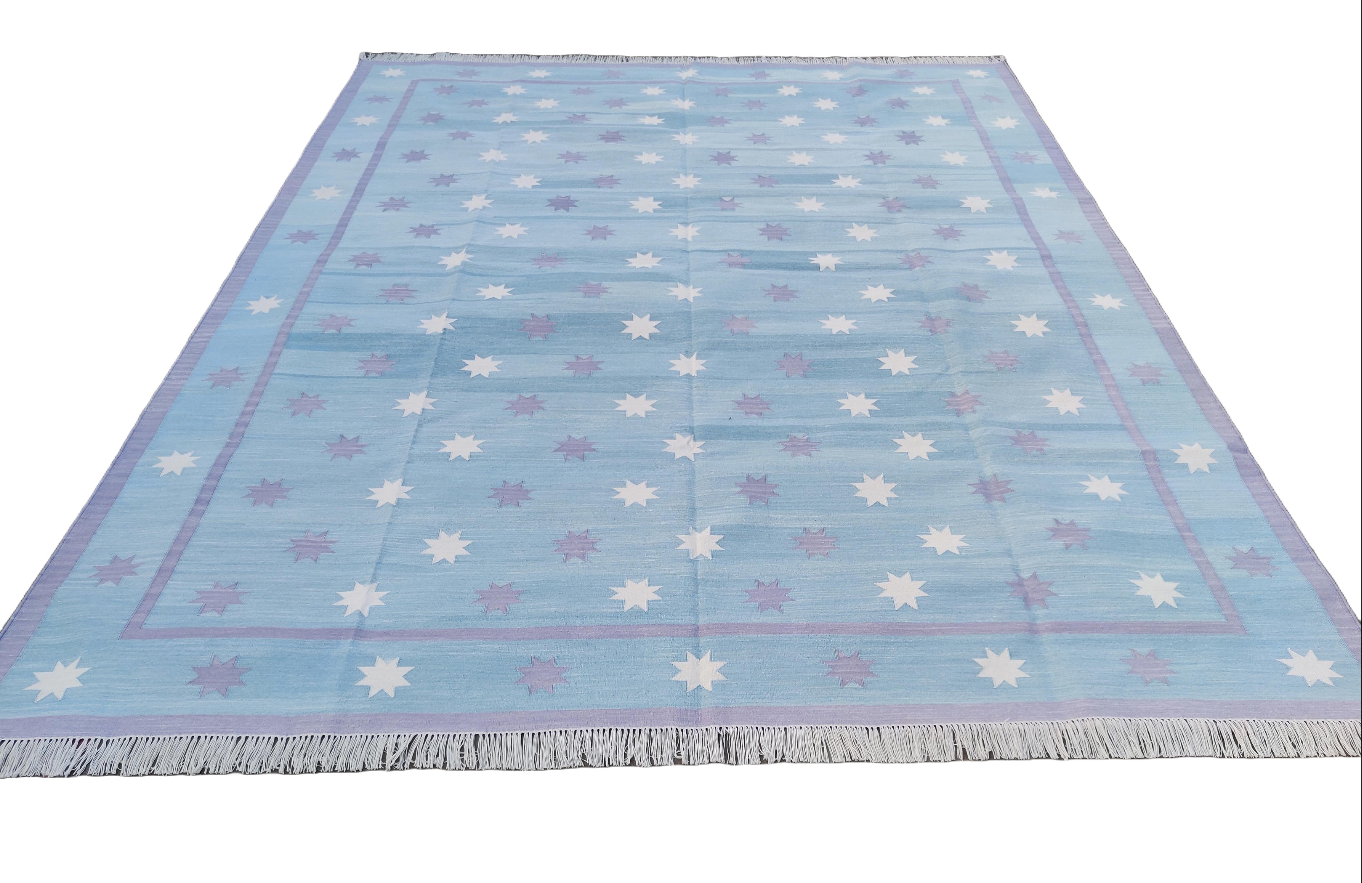 Handgefertigter Flachgewebe-Teppich aus Baumwolle, blau, lavendelfarben und cremefarben, indischer Stern Dhurrie (21. Jahrhundert und zeitgenössisch) im Angebot