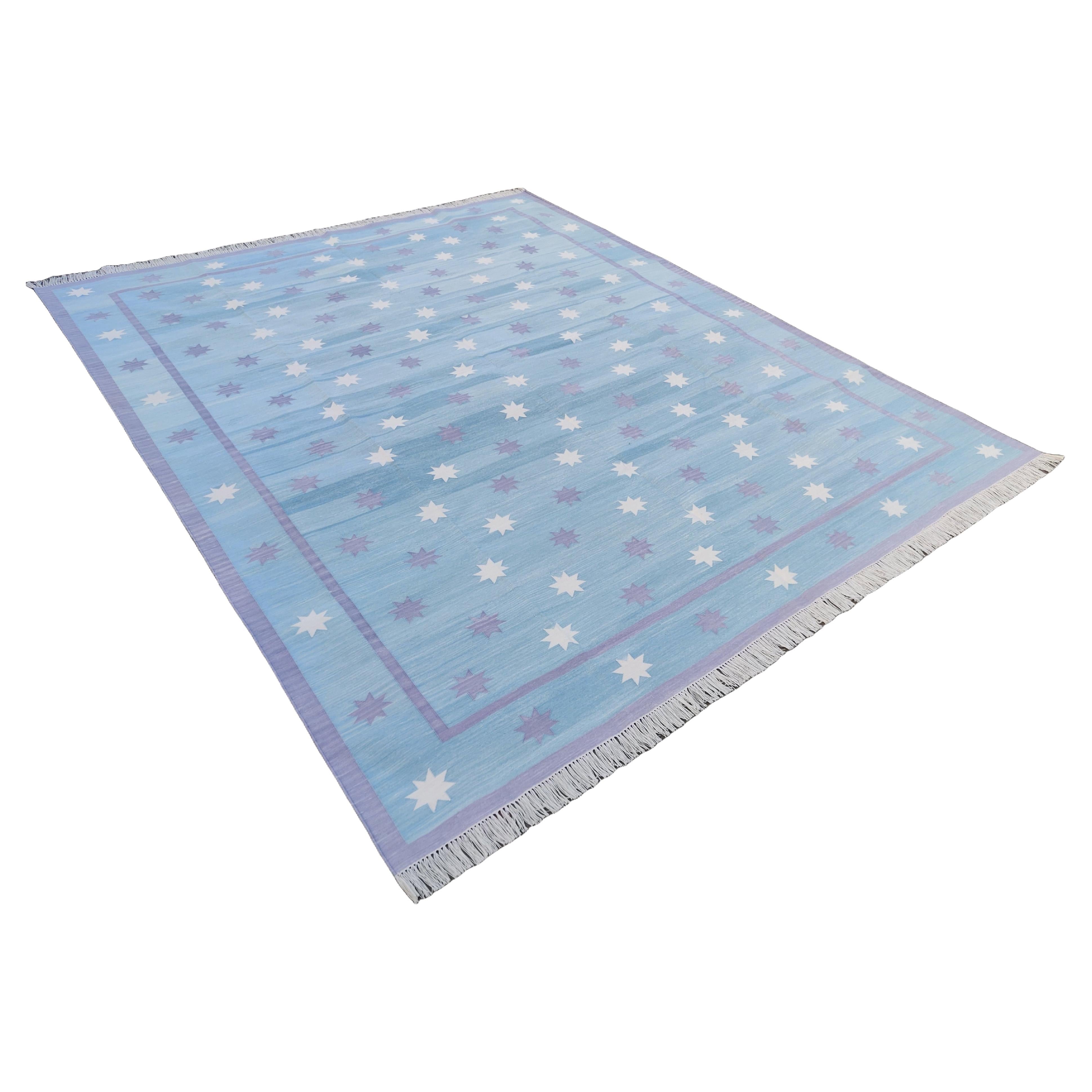 Handgefertigter Flachgewebe-Teppich aus Baumwolle, blau, lavendelfarben und cremefarben, indischer Stern Dhurrie