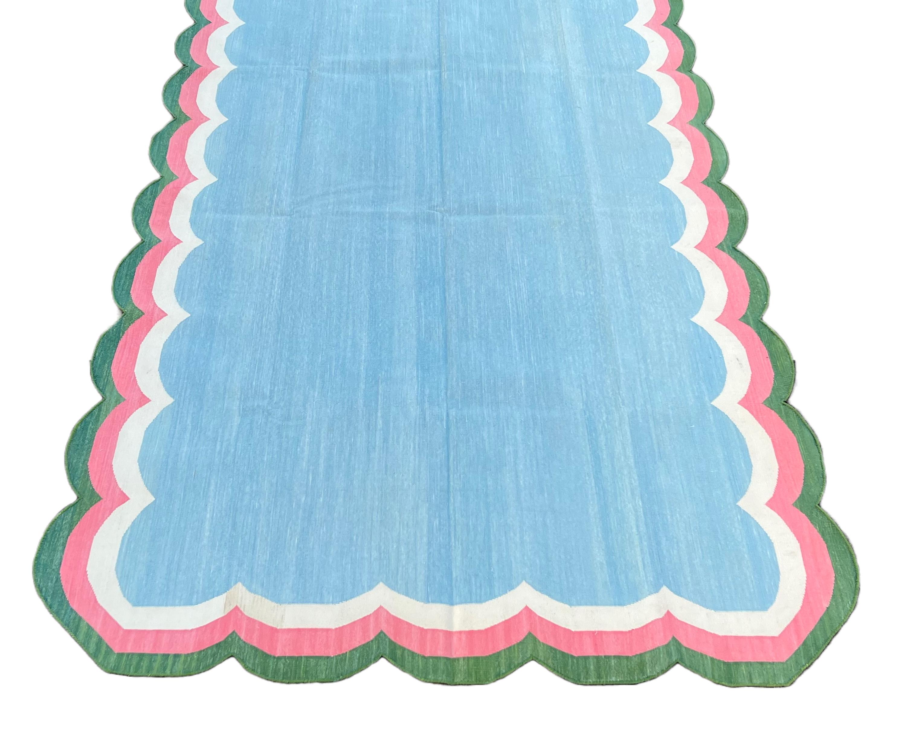 Handmade Cotton Area Flat Weave Rug, Blue, Pink, Green Scalloped Indian Dhurrie For Sale 4