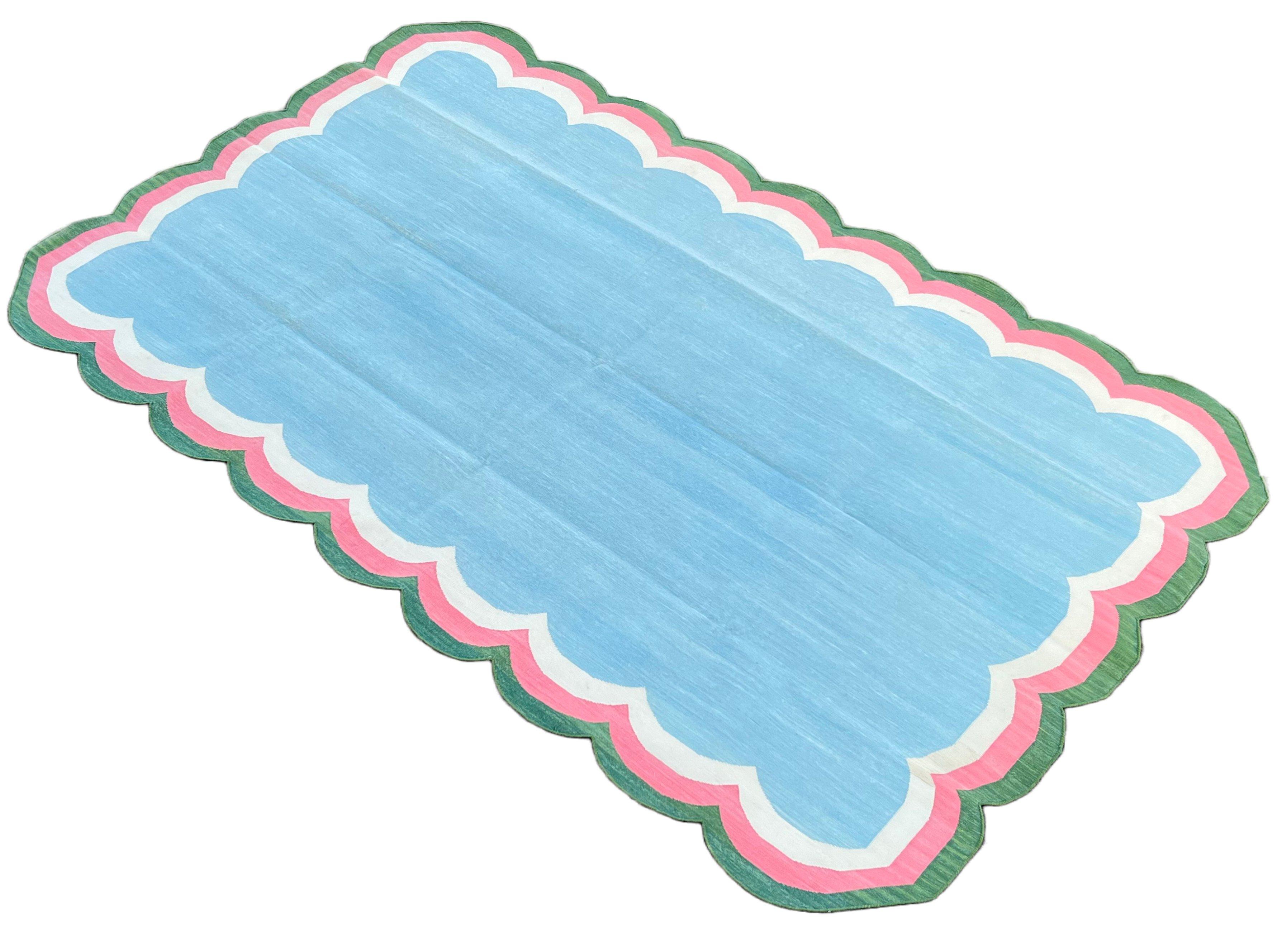Handmade Cotton Area Flat Weave Rug, Blue, Pink, Green Scalloped Indian Dhurrie For Sale 5