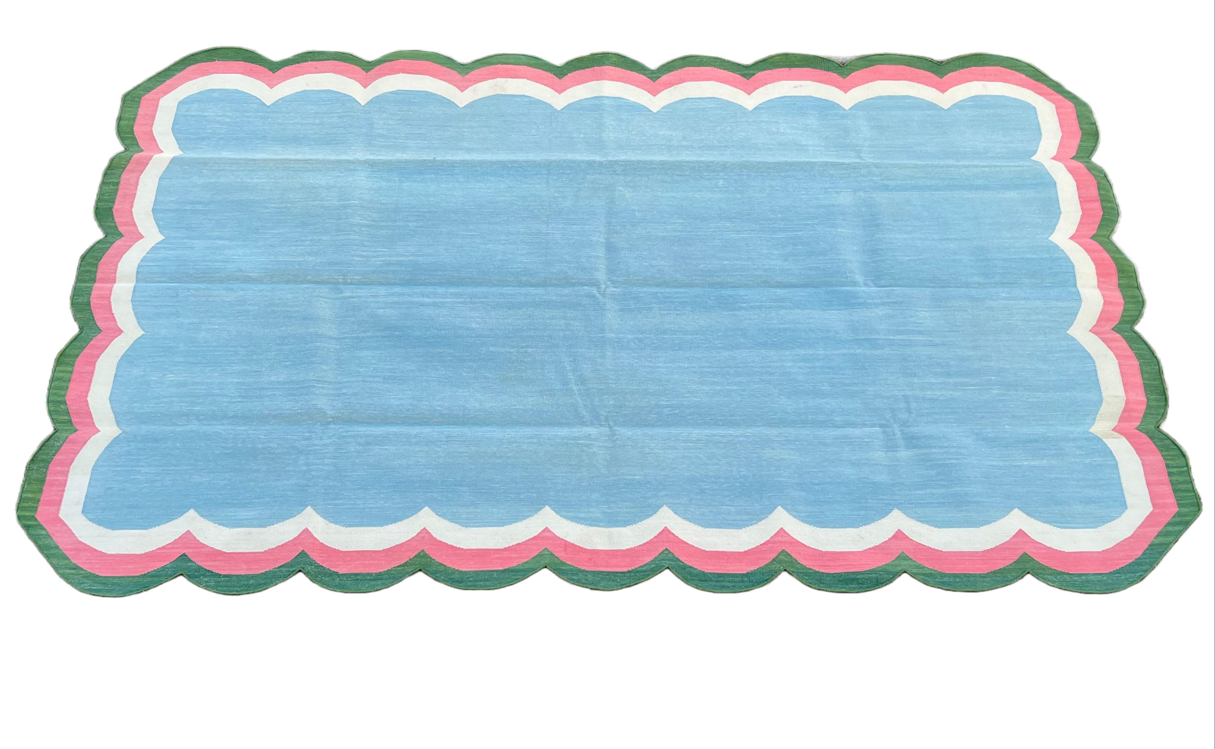 Handmade Cotton Area Flat Weave Rug, Blue, Pink, Green Scalloped Indian Dhurrie For Sale 6