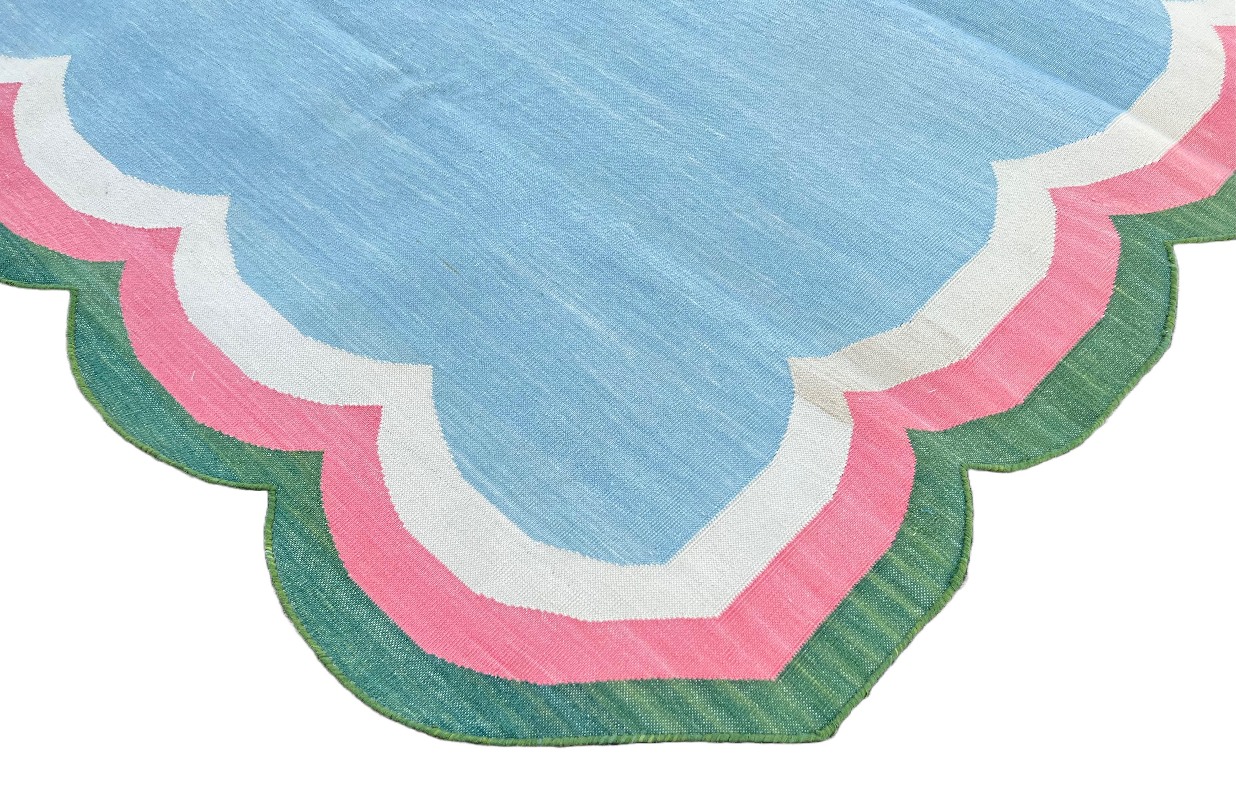 Mid-Century Modern Handmade Cotton Area Flat Weave Rug, Blue, Pink, Green Scalloped Indian Dhurrie For Sale