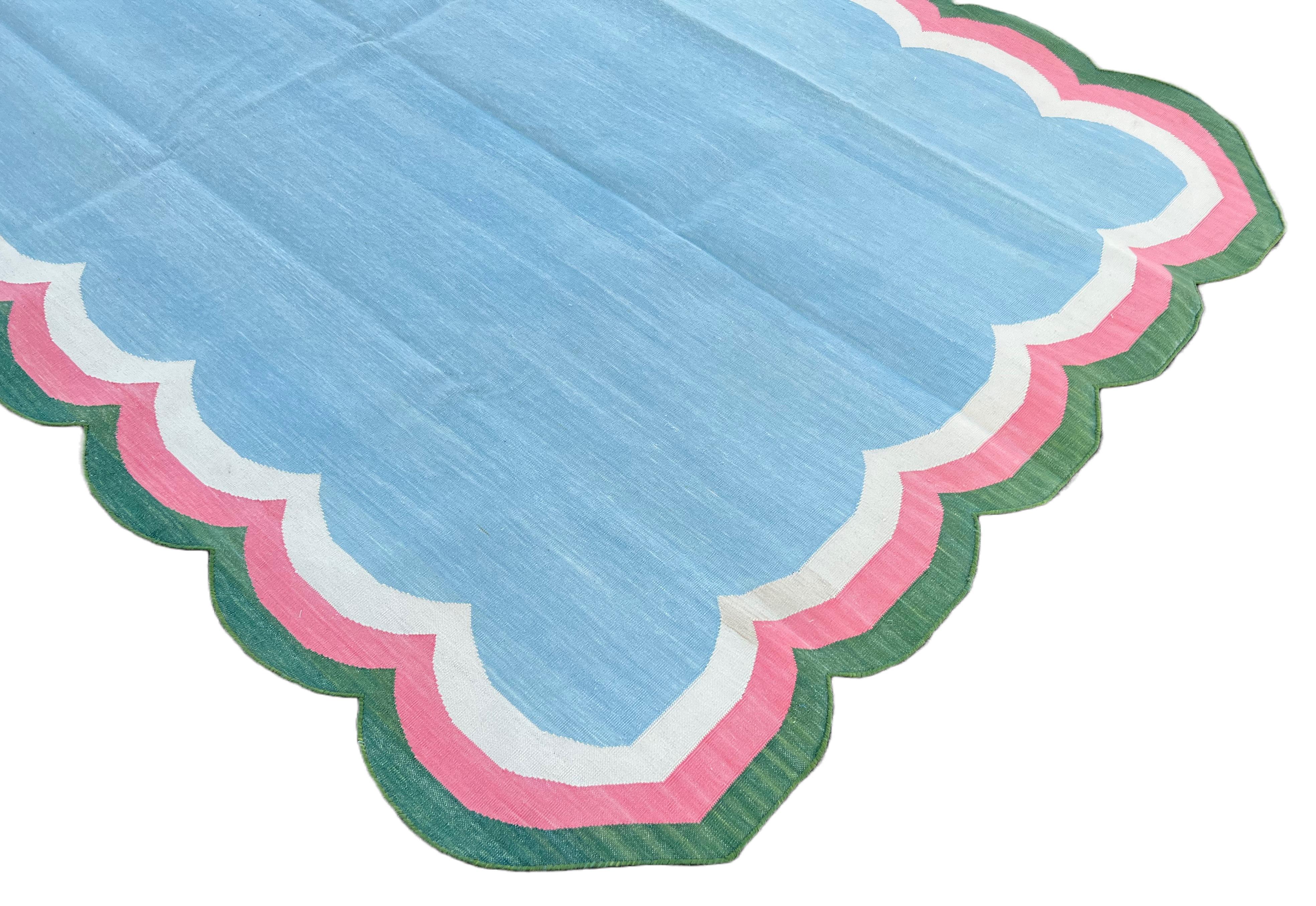 Hand-Woven Handmade Cotton Area Flat Weave Rug, Blue, Pink, Green Scalloped Indian Dhurrie For Sale