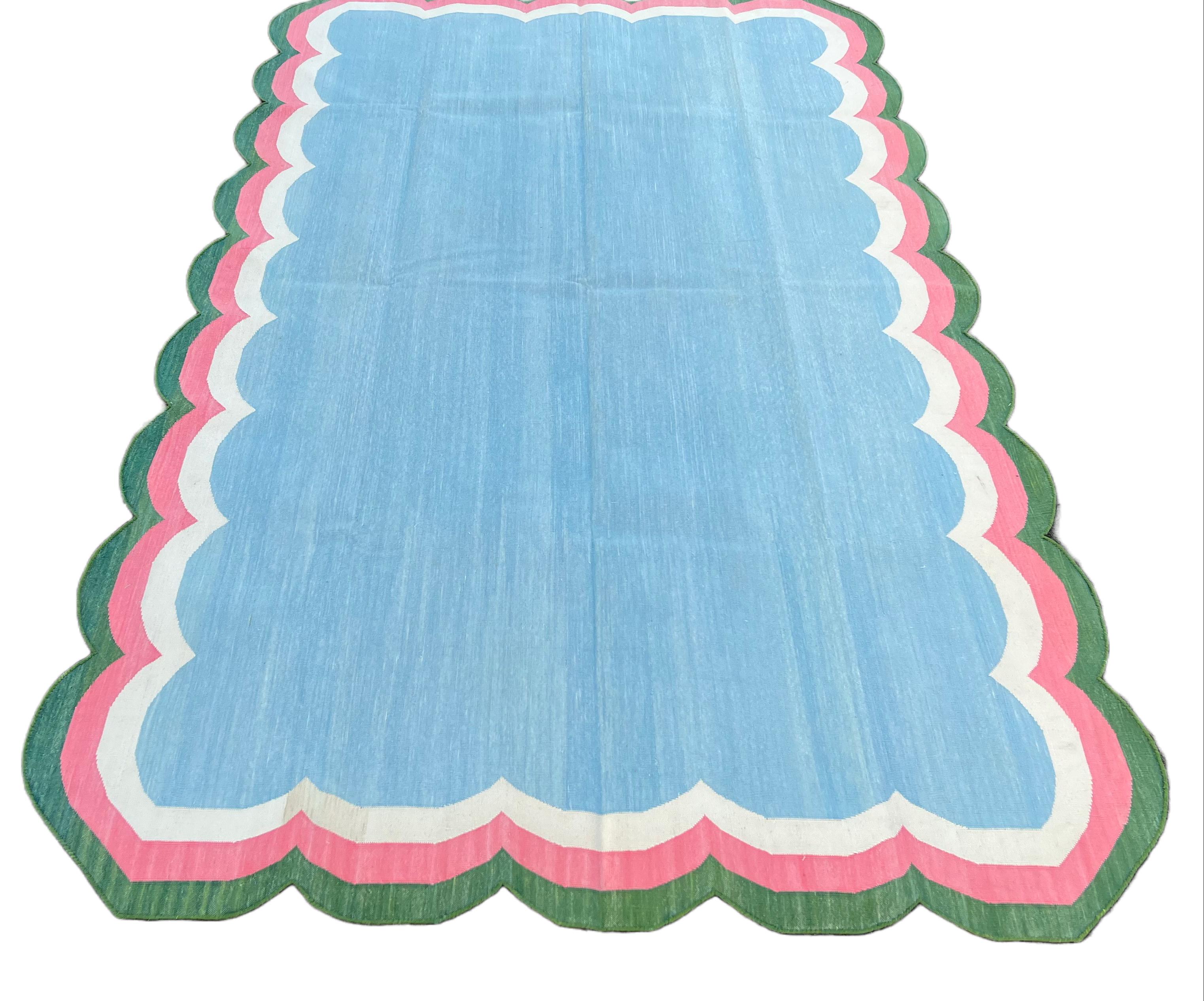 Contemporary Handmade Cotton Area Flat Weave Rug, Blue, Pink, Green Scalloped Indian Dhurrie For Sale