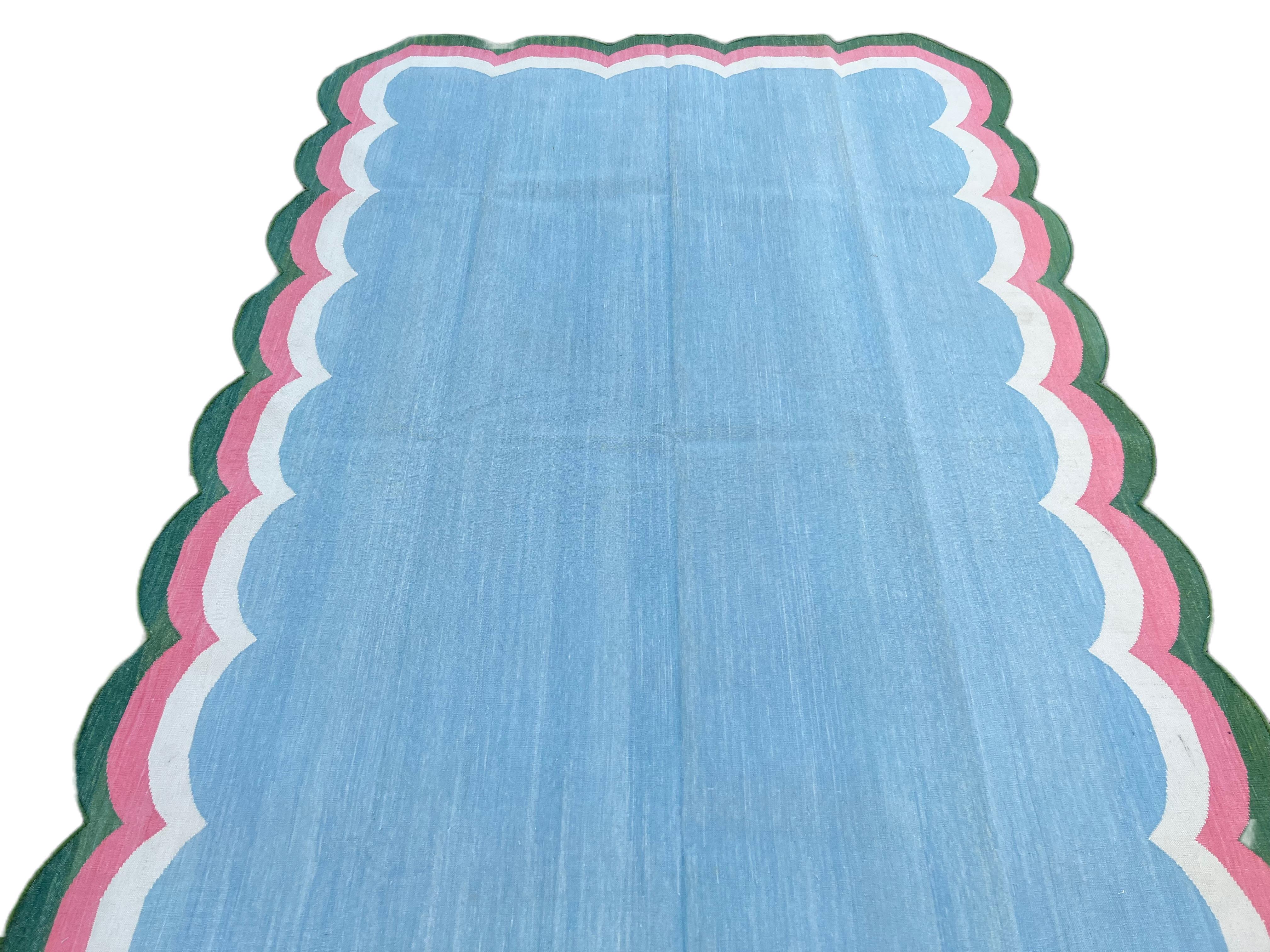 Handmade Cotton Area Flat Weave Rug, Blue, Pink, Green Scalloped Indian Dhurrie For Sale 1