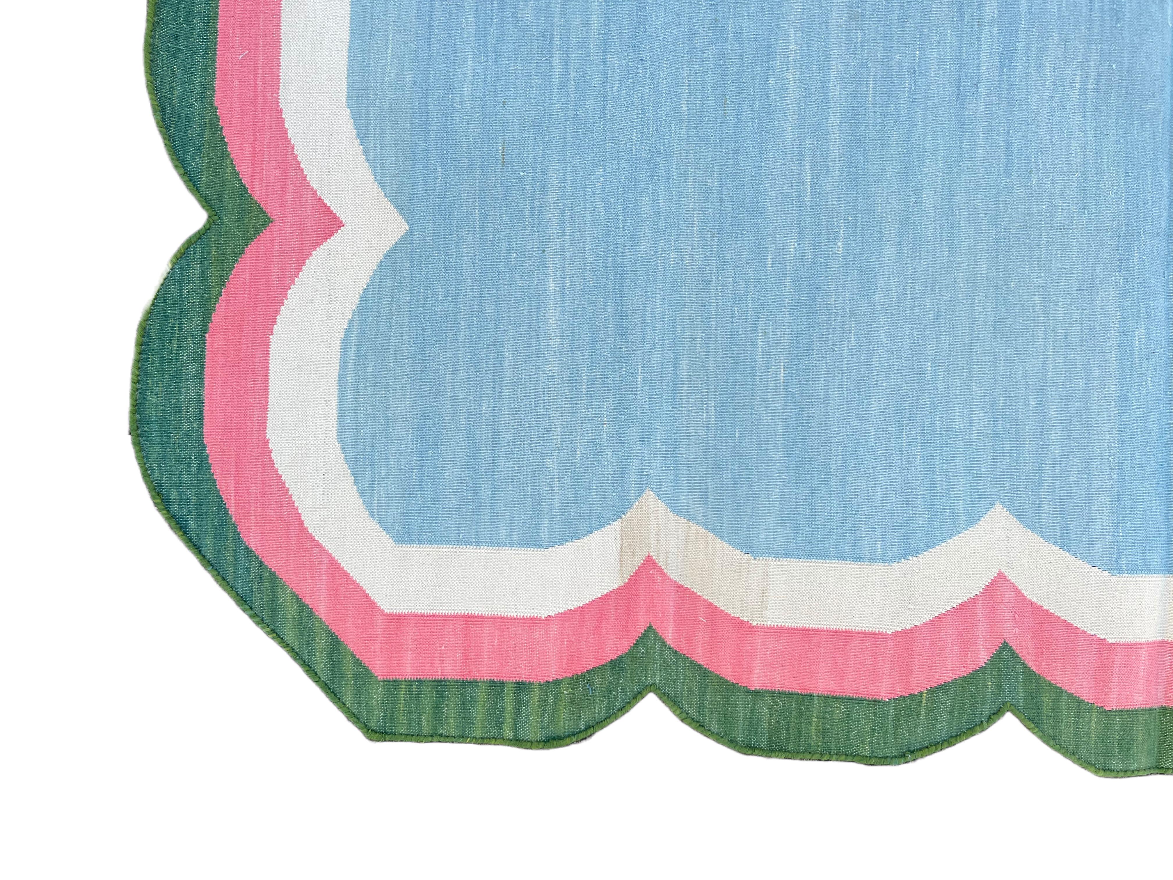 Handmade Cotton Area Flat Weave Rug, Blue, Pink, Green Scalloped Indian Dhurrie For Sale 2