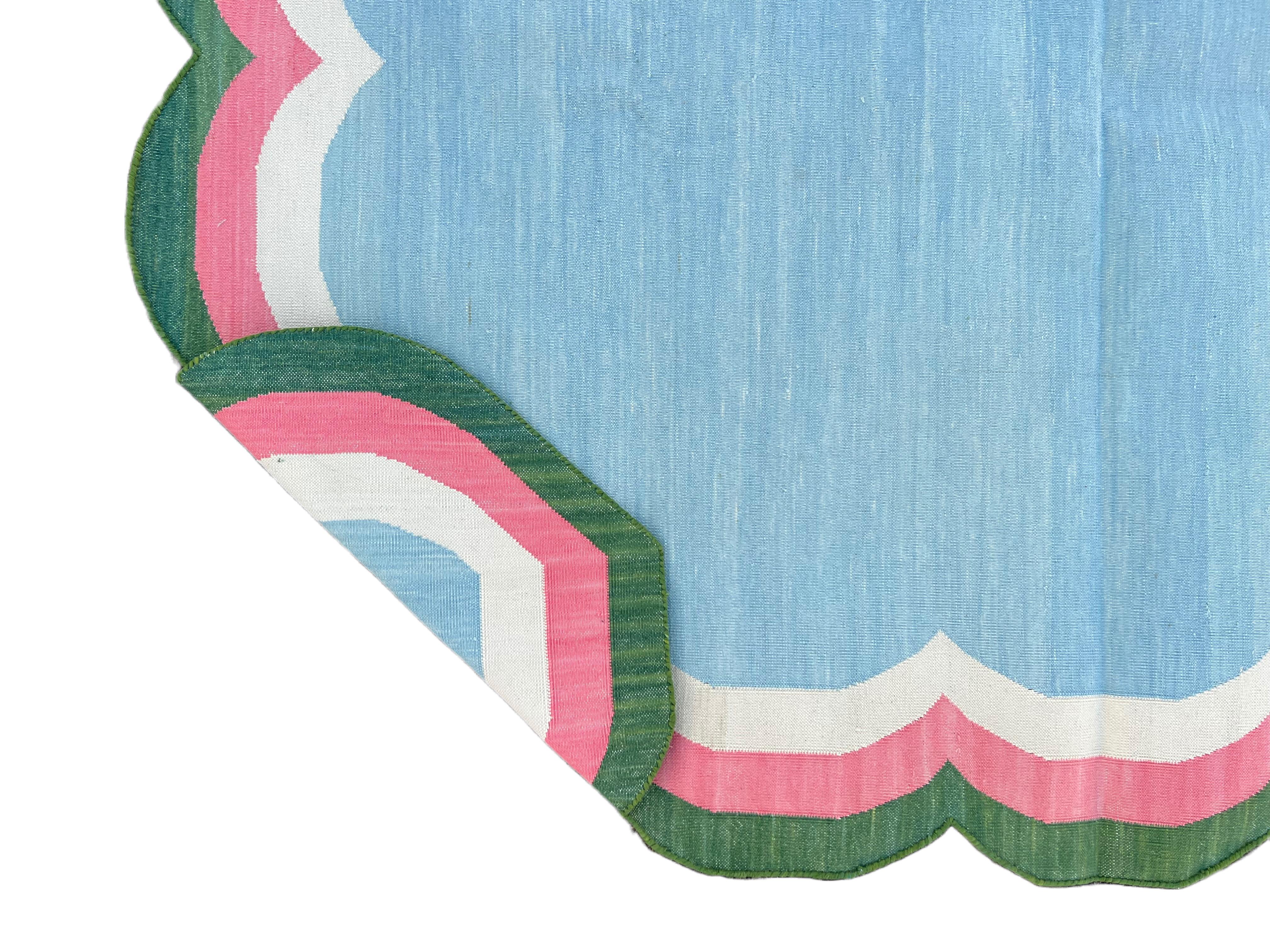 Handmade Cotton Area Flat Weave Rug, Blue, Pink, Green Scalloped Indian Dhurrie For Sale 3
