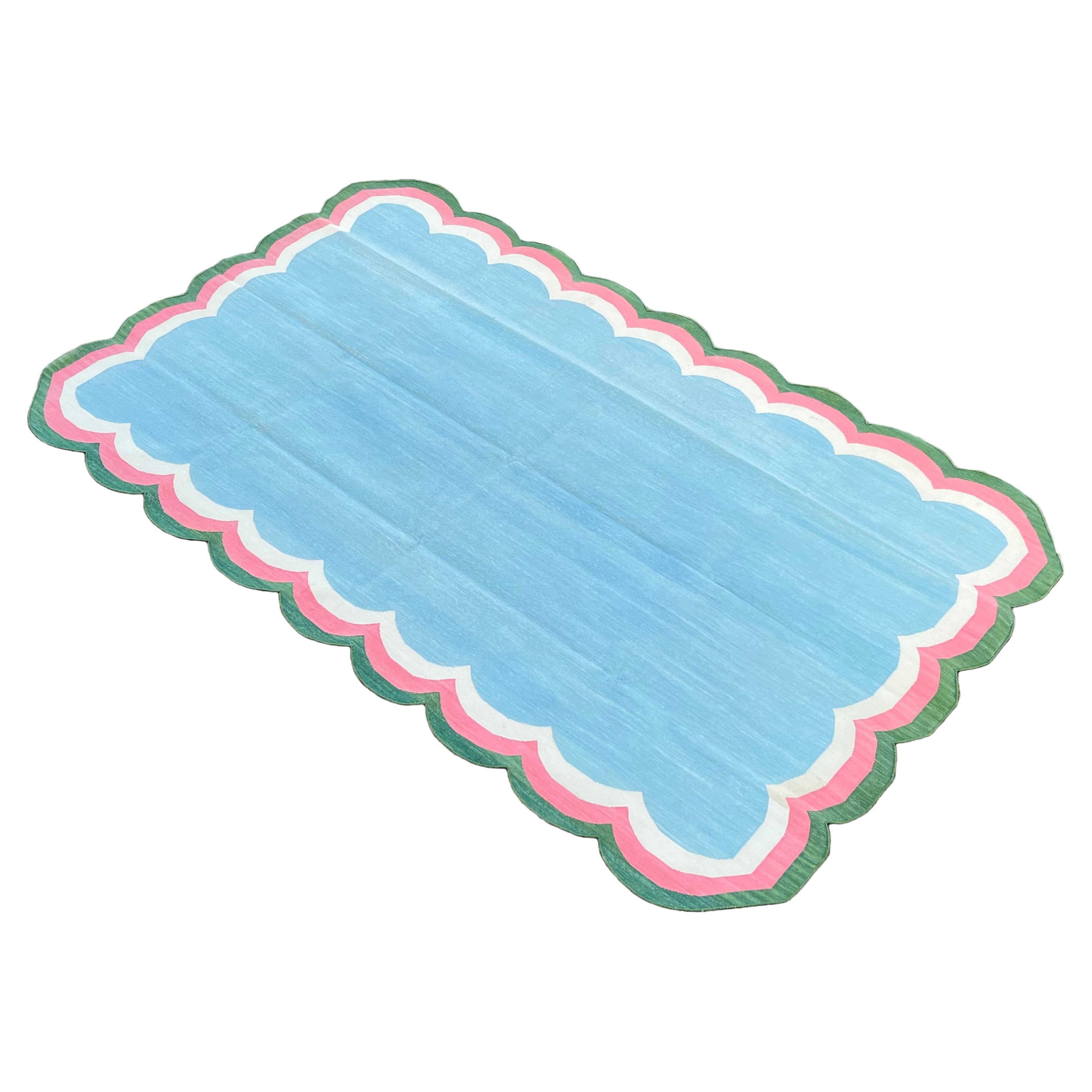 Handmade Cotton Area Flat Weave Rug, Blue, Pink, Green Scalloped Indian Dhurrie For Sale