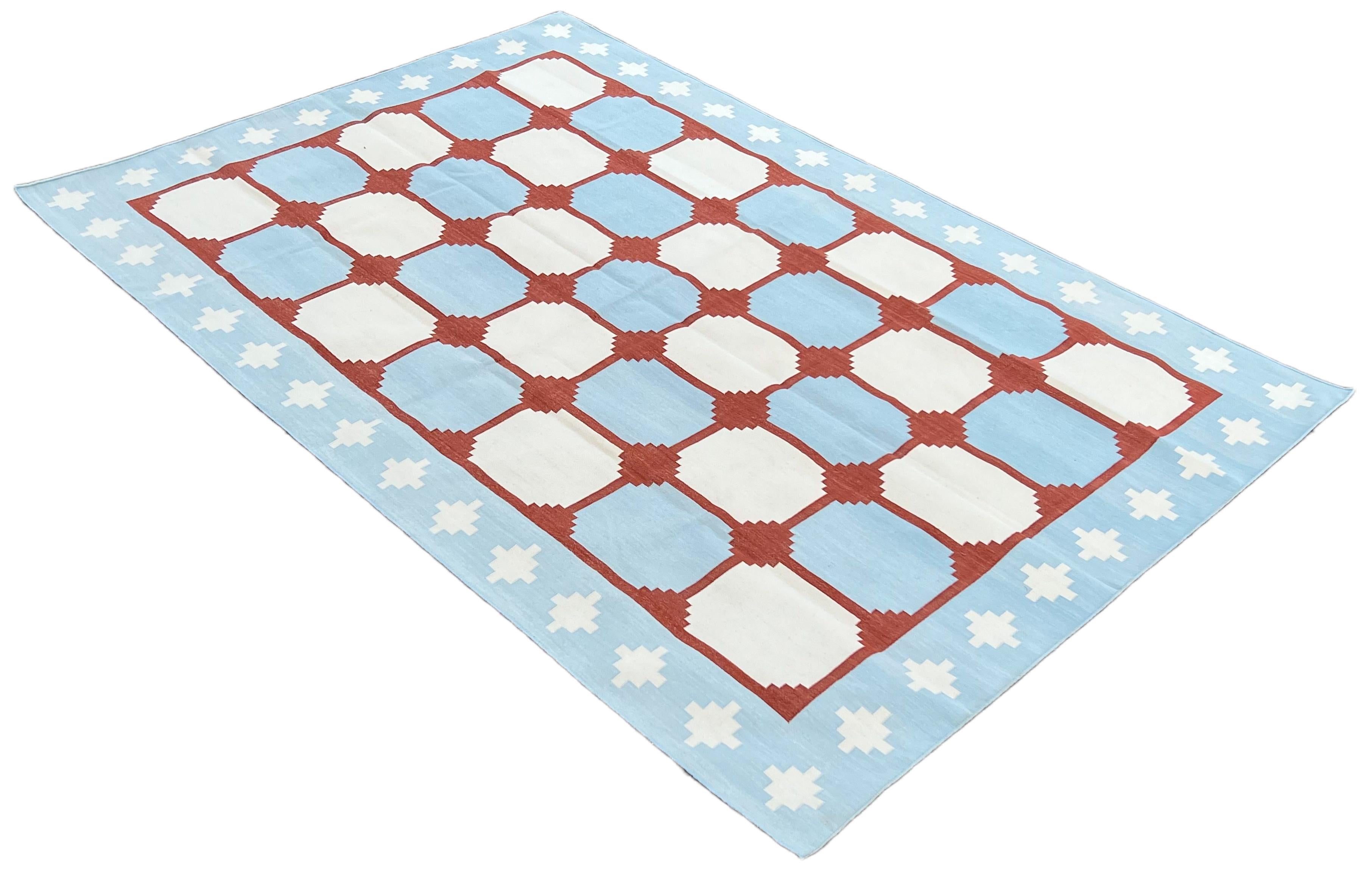 Handmade Cotton Area Flat Weave Rug, Blue & Red Indian Star Geometric Dhurrie For Sale 4